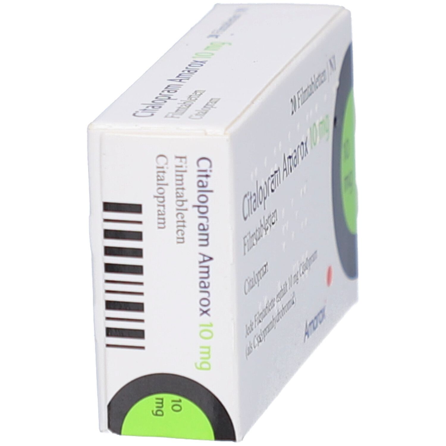 Weiße Schachtel mit Citalopram Amarox 10 mg Filmtabletten. Seitenansicht mit Barcode und Text. Marke Amarox.