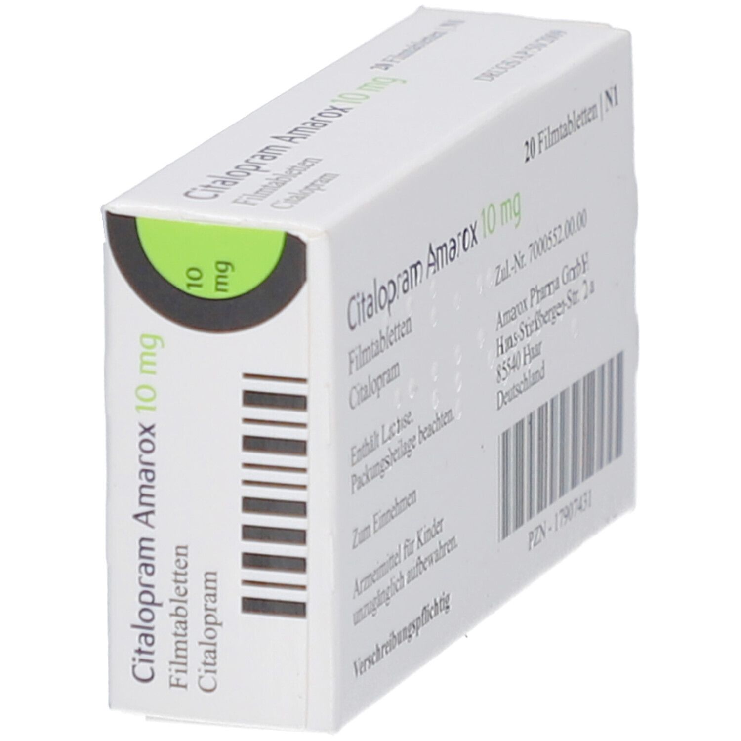 Weiße Schachtel mit Citalopram Amarox 10 mg Filmtabletten. Schräge Ansicht mit Text und grüner Markierung. Marke Amarox.