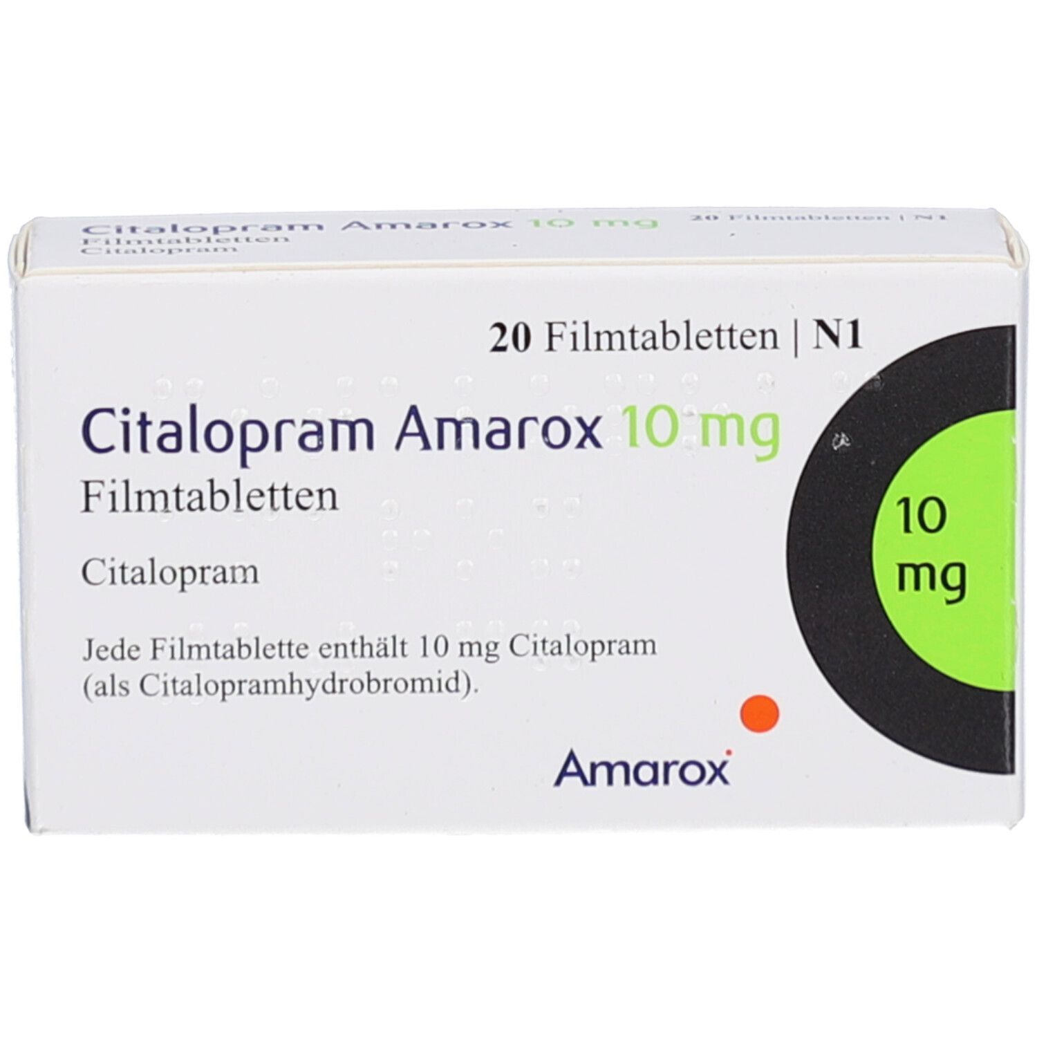 Weiße Schachtel mit Citalopram Amarox 10 mg Filmtabletten. Aufdruck: 20 Filmtabletten, 10 mg. Marke Amarox.