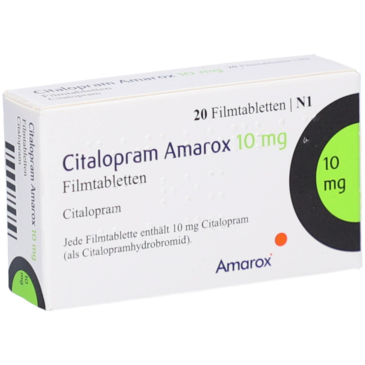 Weiße Schachtel mit Citalopram Amarox 10 mg Filmtabletten. Aufdruck: 20 Filmtabletten, 10 mg. Marke Amarox.