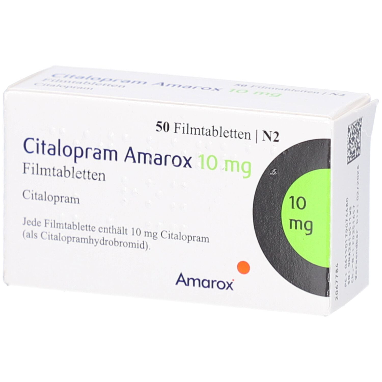 Weiße Arzneimittelverpackung mit Aufschrift Citalopram Amarox 10 mg Filmtabletten. Enthält 50 Filmtabletten. Grün-schwarzes Designelement mit 10 mg.