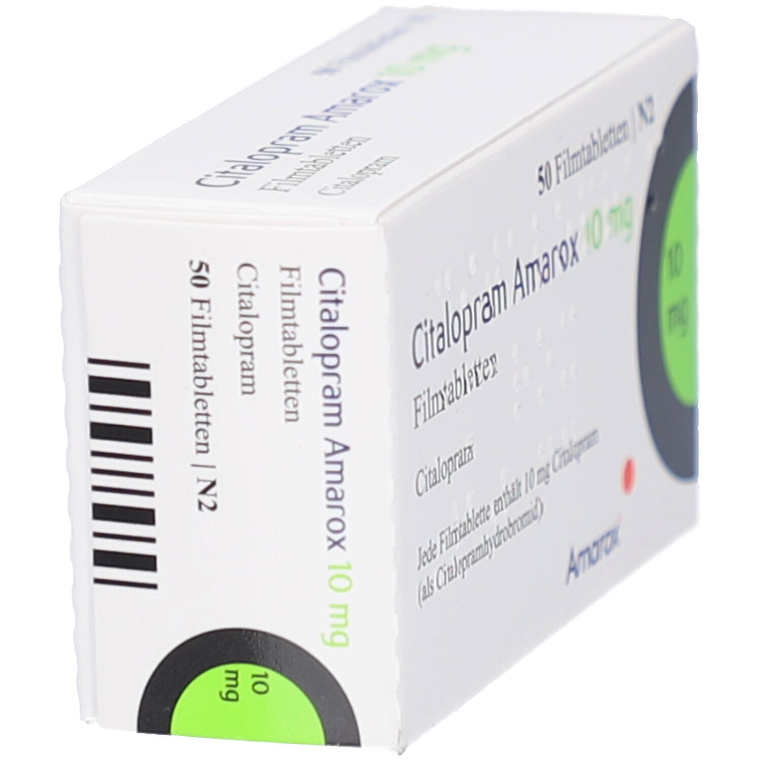 Schräg gestellte Arzneimittelverpackung mit Citalopram Amarox 10 mg Filmtabletten. 50 Filmtabletten. Grün-schwarzes Designelement mit 10 mg.