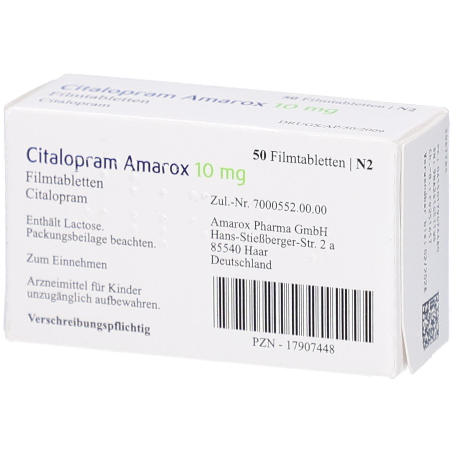 Arzneimittelverpackung mit Citalopram Amarox 10 mg Filmtabletten. Enthält 50 Filmtabletten. Text: Zum Einnehmen, Verschreibungspflichtig.