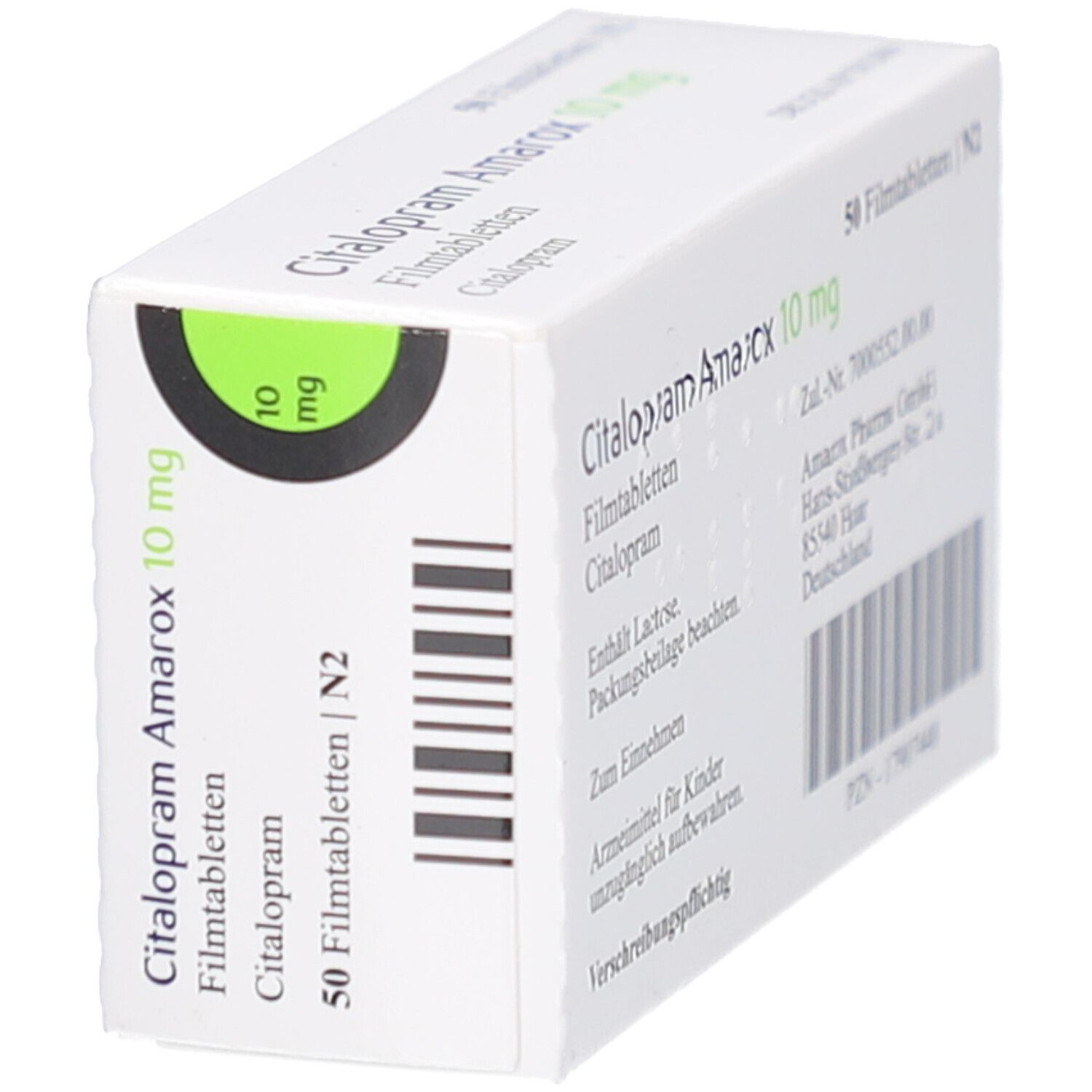 Schräg gestellte Arzneimittelverpackung mit Citalopram Amarox 10 mg Filmtabletten. 50 Filmtabletten. Grün-schwarzes Designelement mit 10 mg.