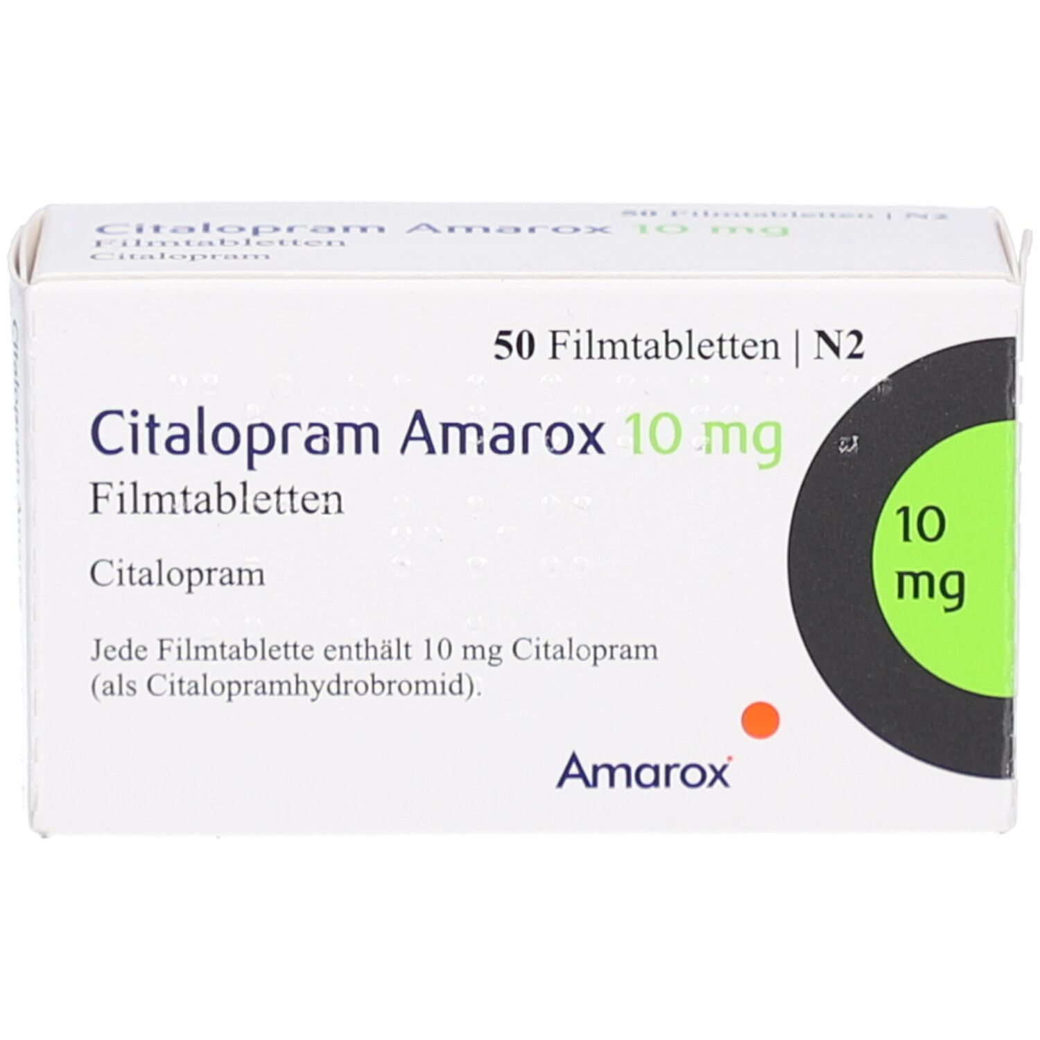 Arzneimittelverpackung mit Citalopram Amarox 10 mg Filmtabletten. Enthält 50 Filmtabletten. Grün-schwarzes Designelement mit 10 mg.