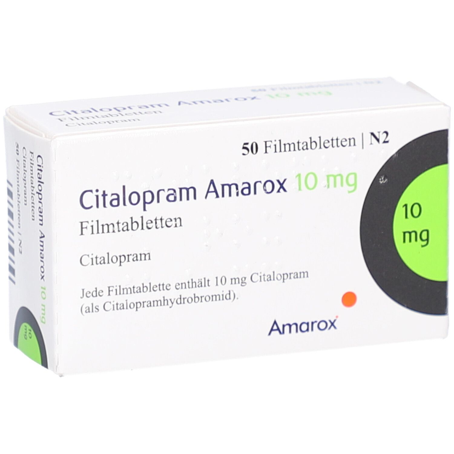 Arzneimittelverpackung mit Citalopram Amarox 10 mg Filmtabletten. Enthält 50 Filmtabletten. Grün-schwarzes Designelement mit 10 mg.