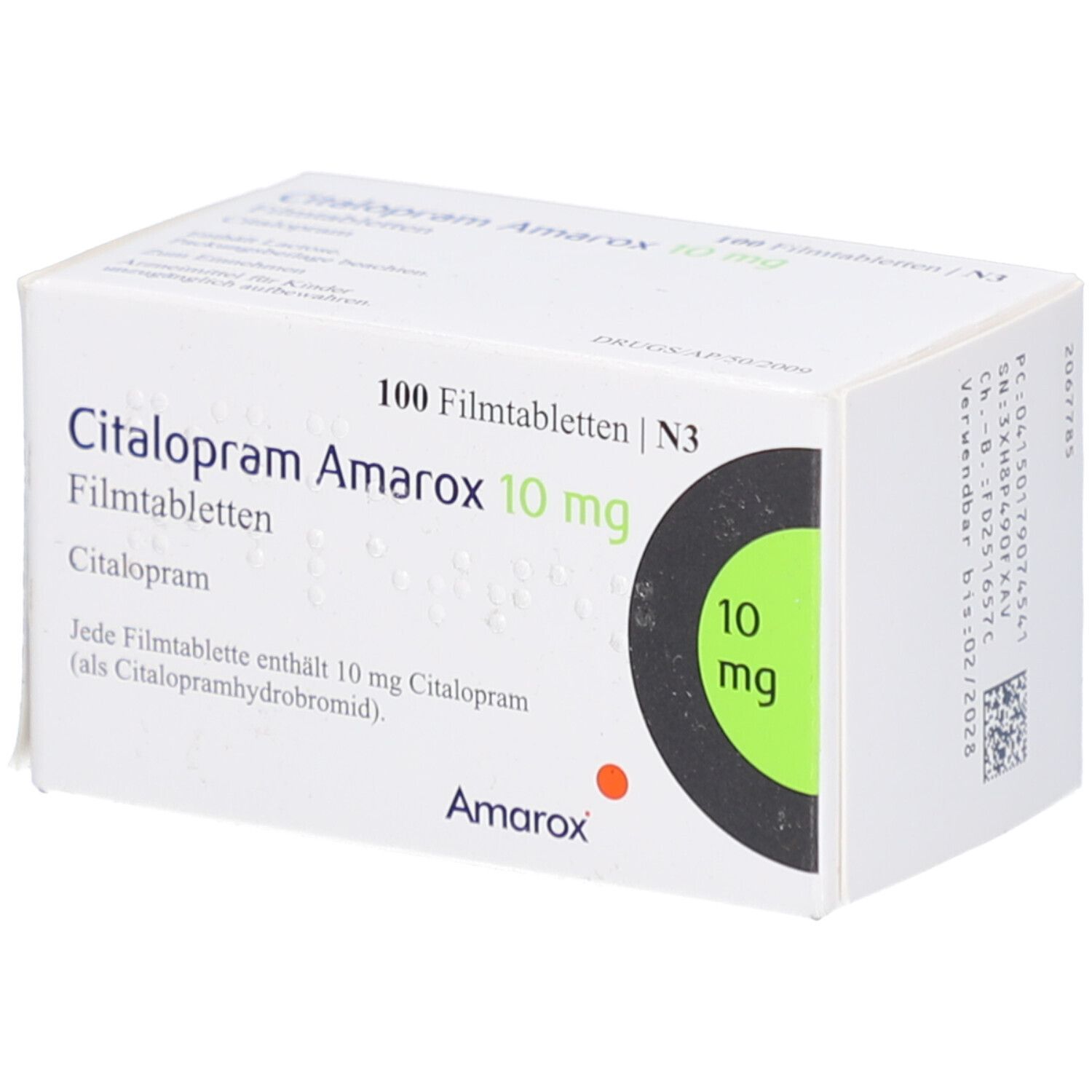 Citalopram Amarox 10 mg Filmtabletten. Weiße Schachtel mit grünen und schwarzen Akzenten. Text: 100 Filmtabletten, 10 mg.