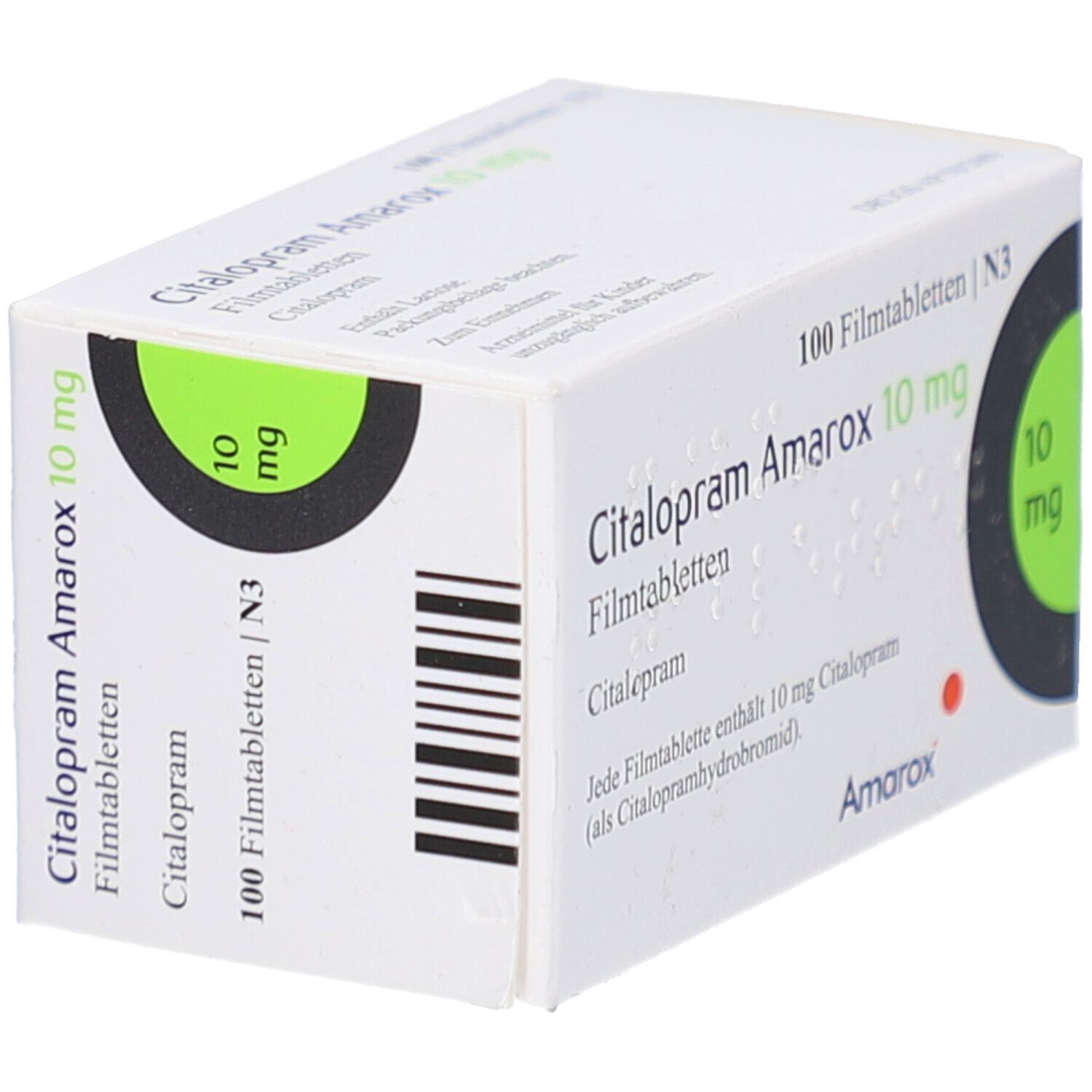 Citalopram Amarox 10 mg Filmtabletten. Weiße Schachtel mit grünen und schwarzen Akzenten. Barcode. Text: 100 Filmtabletten, 10 mg.
