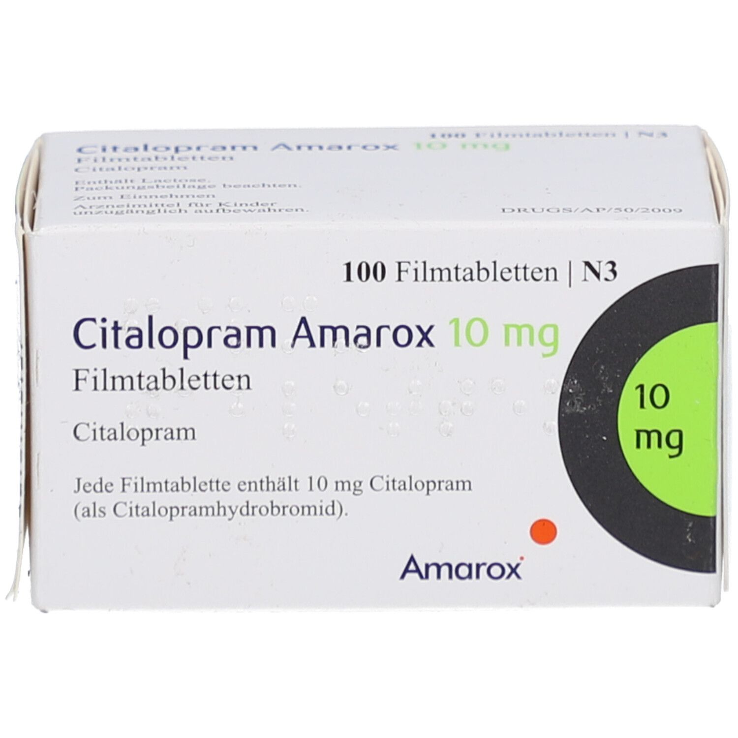 Citalopram Amarox 10 mg Filmtabletten. Weiße Schachtel mit grünen und schwarzen Akzenten. Text: 100 Filmtabletten, 10 mg.