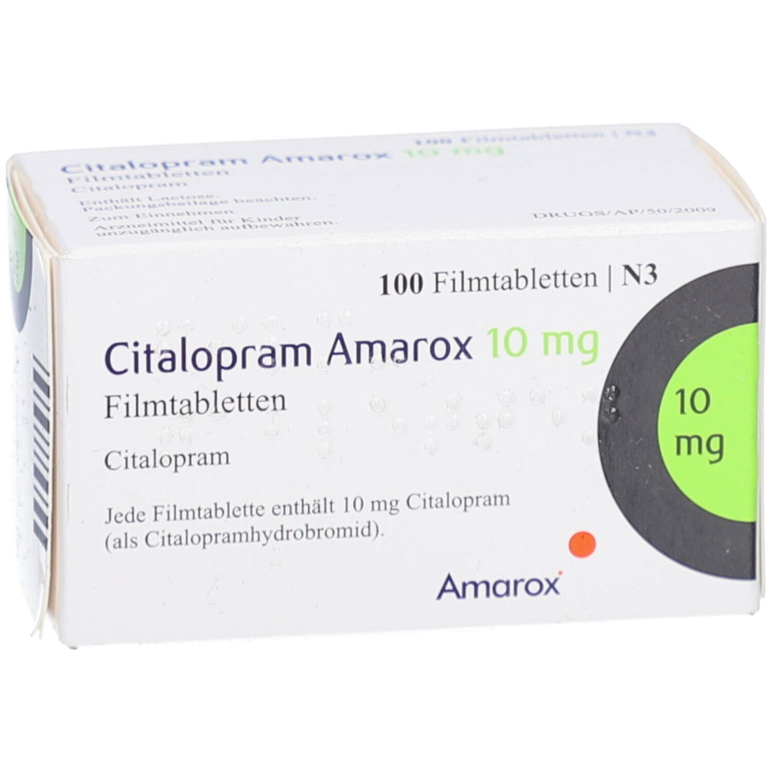 Citalopram Amarox 10 mg Filmtabletten. Weiße Schachtel mit grünen und schwarzen Akzenten. Text: 100 Filmtabletten, 10 mg.