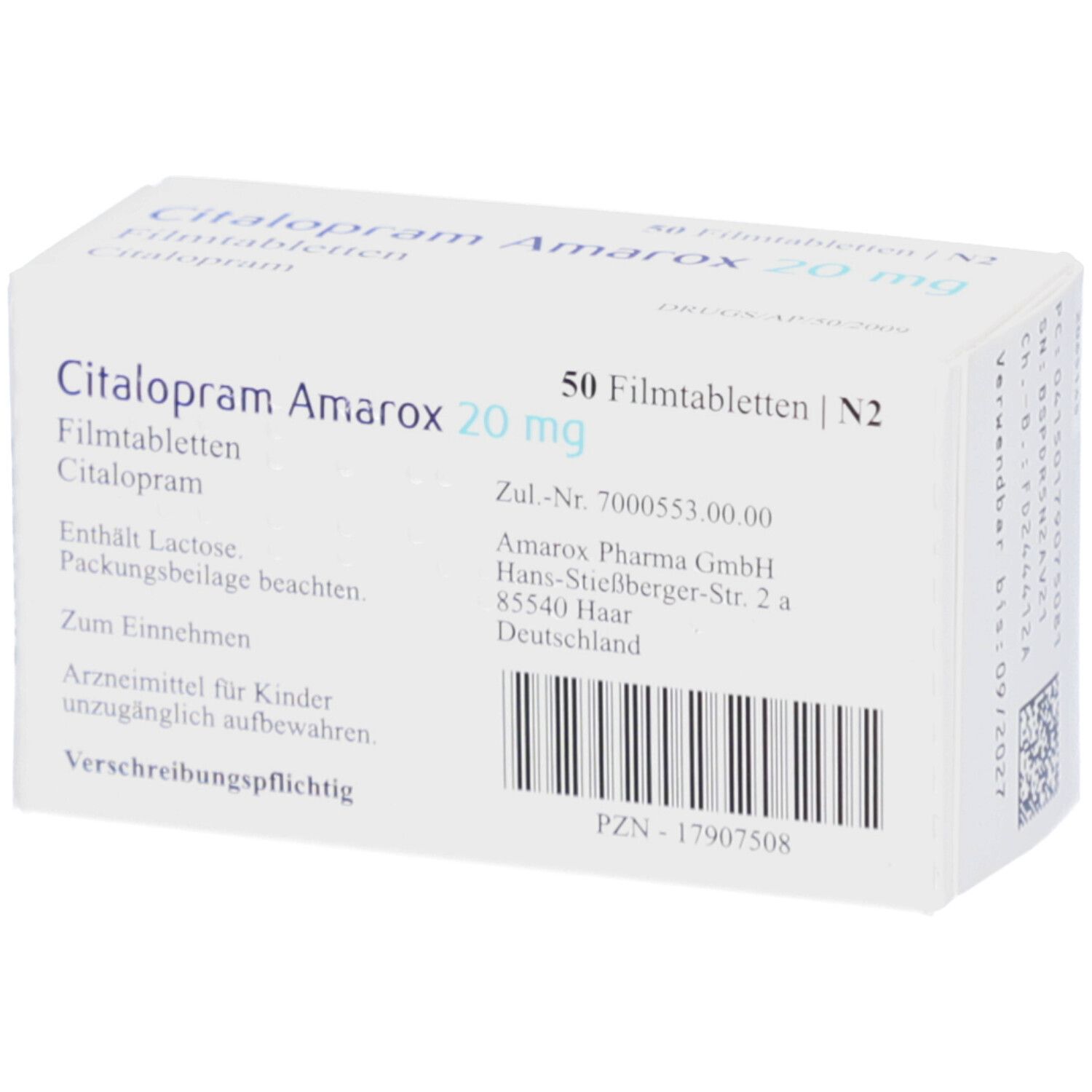 Citalopram Amarox 20 mg Filmtabletten-Packung. Enthält 50 Tabletten. Aufschrift: 20 mg. Herstelleradresse.