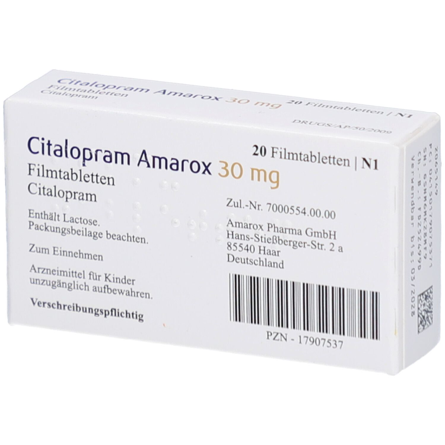 Citalopram Amarox 30 mg Filmtabletten-Packung. Weiße Schachtel mit Produktnamen, Dosierung und weiteren Informationen. Rückseite.