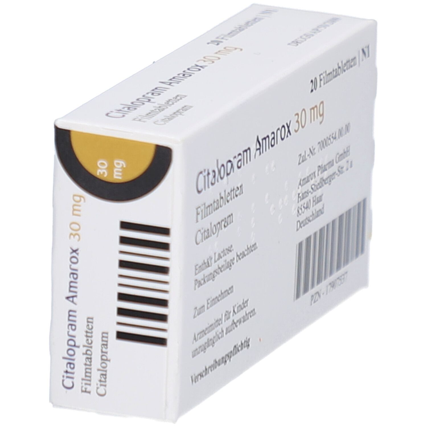 Citalopram Amarox 30 mg Filmtabletten-Packung. Weiße Schachtel mit Produktnamen und Dosierung. Ansicht von der Seite.