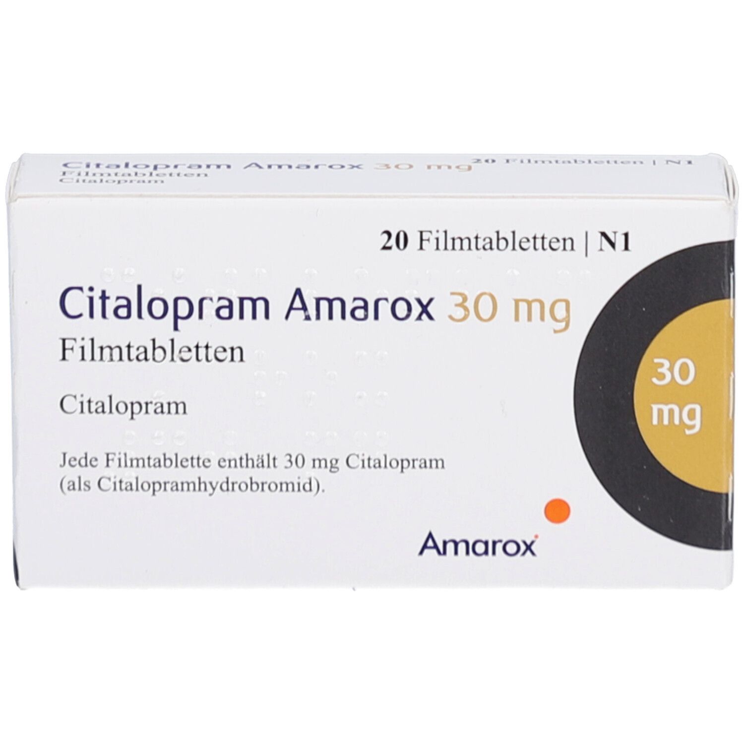 Citalopram Amarox 30 mg Filmtabletten-Packung. Weiße Schachtel mit Produktnamen, Dosierung und 20 Filmtabletten. Ansicht von oben.