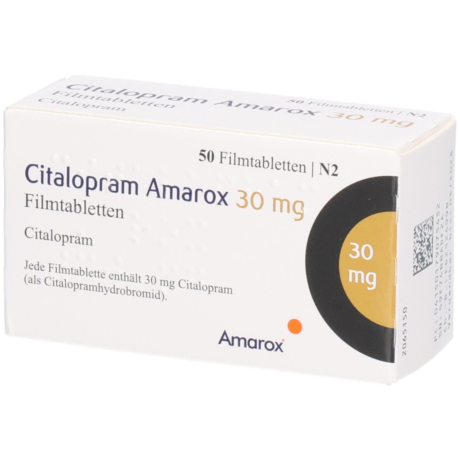 Citalopram Amarox 30 mg Filmtabletten-Packung. Enthält 50 Tabletten. Aufschrift: 30 mg. Marke Amarox.