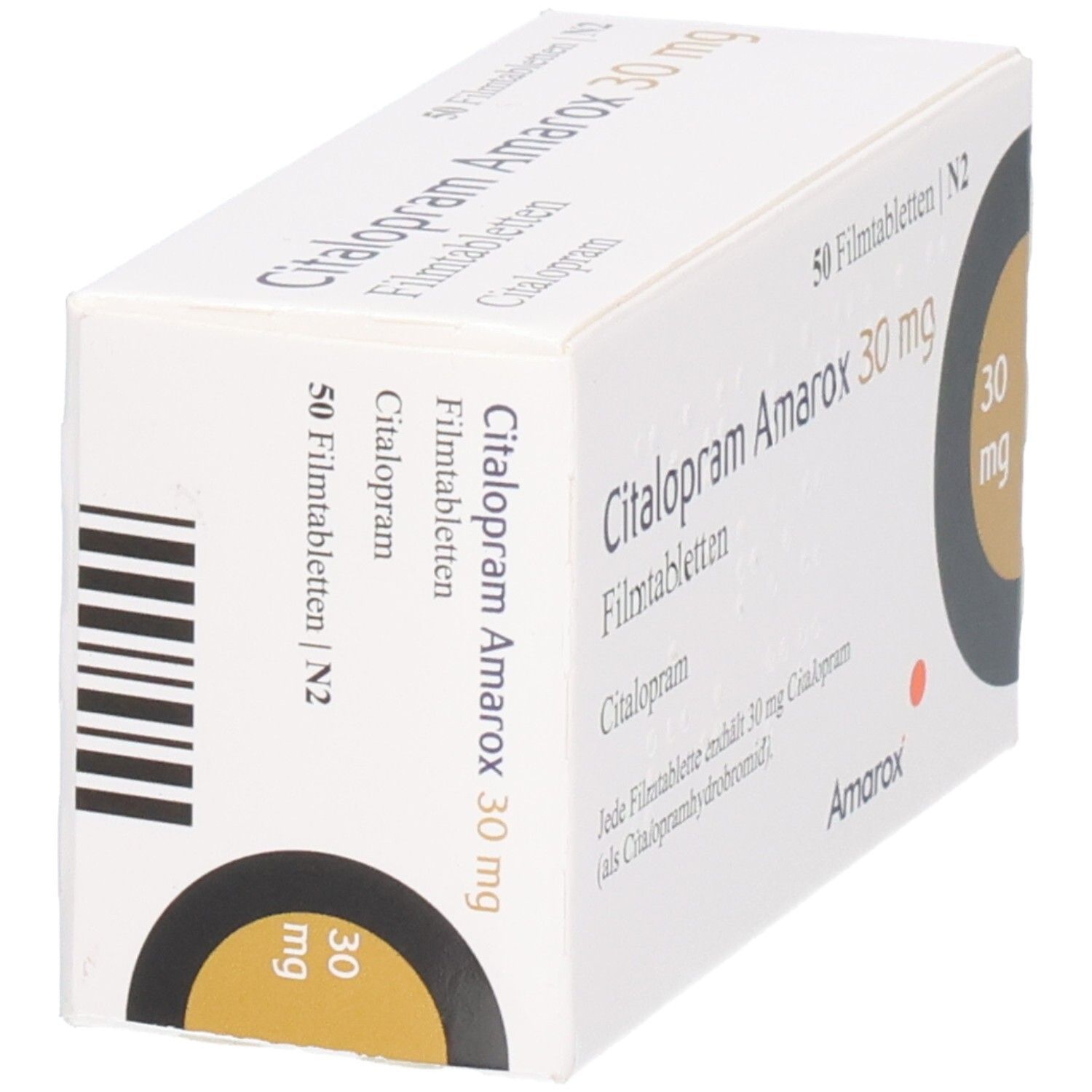 Schräg gestellte Packung Citalopram Amarox 30 mg Filmtabletten. Aufschrift: 30 mg. Marke Amarox. Enthält 50 Tabletten.