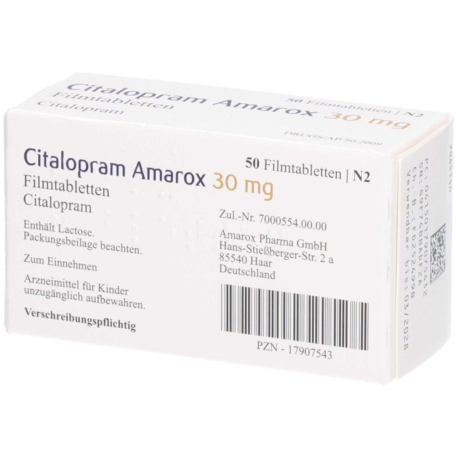 Packung Citalopram Amarox 30 mg Filmtabletten. Enthält 50 Tabletten. Aufschrift: 30 mg. Herstellerinformationen.
