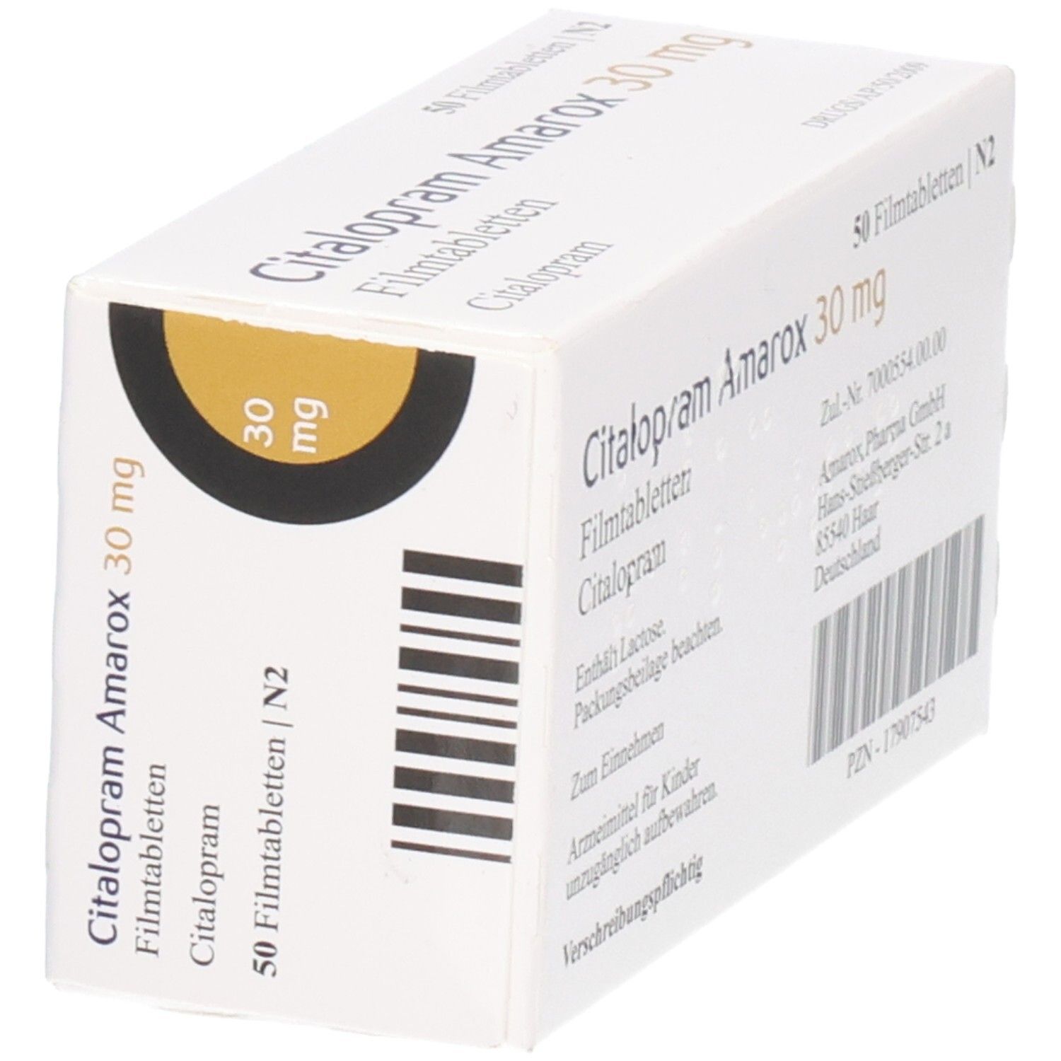 Schräg gestellte Packung Citalopram Amarox 30 mg Filmtabletten. Aufschrift: 30 mg. Enthält 50 Tabletten. Herstellerinformationen.