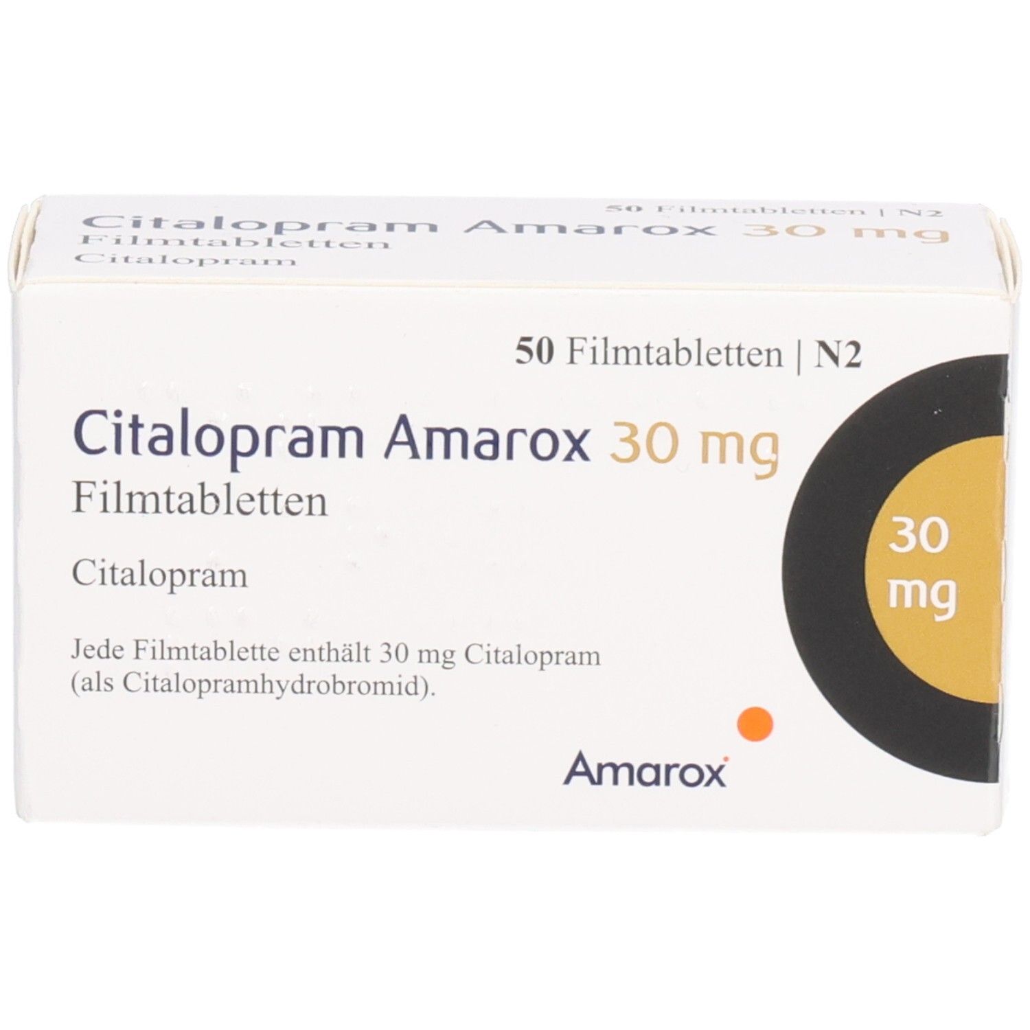 Packung Citalopram Amarox 30 mg Filmtabletten. Enthält 50 Tabletten. Aufschrift: 30 mg. Marke Amarox.