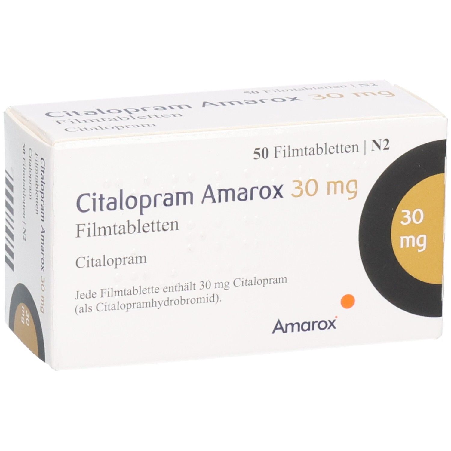 Packung Citalopram Amarox 30 mg Filmtabletten. Enthält 50 Tabletten. Aufschrift: 30 mg. Marke Amarox.