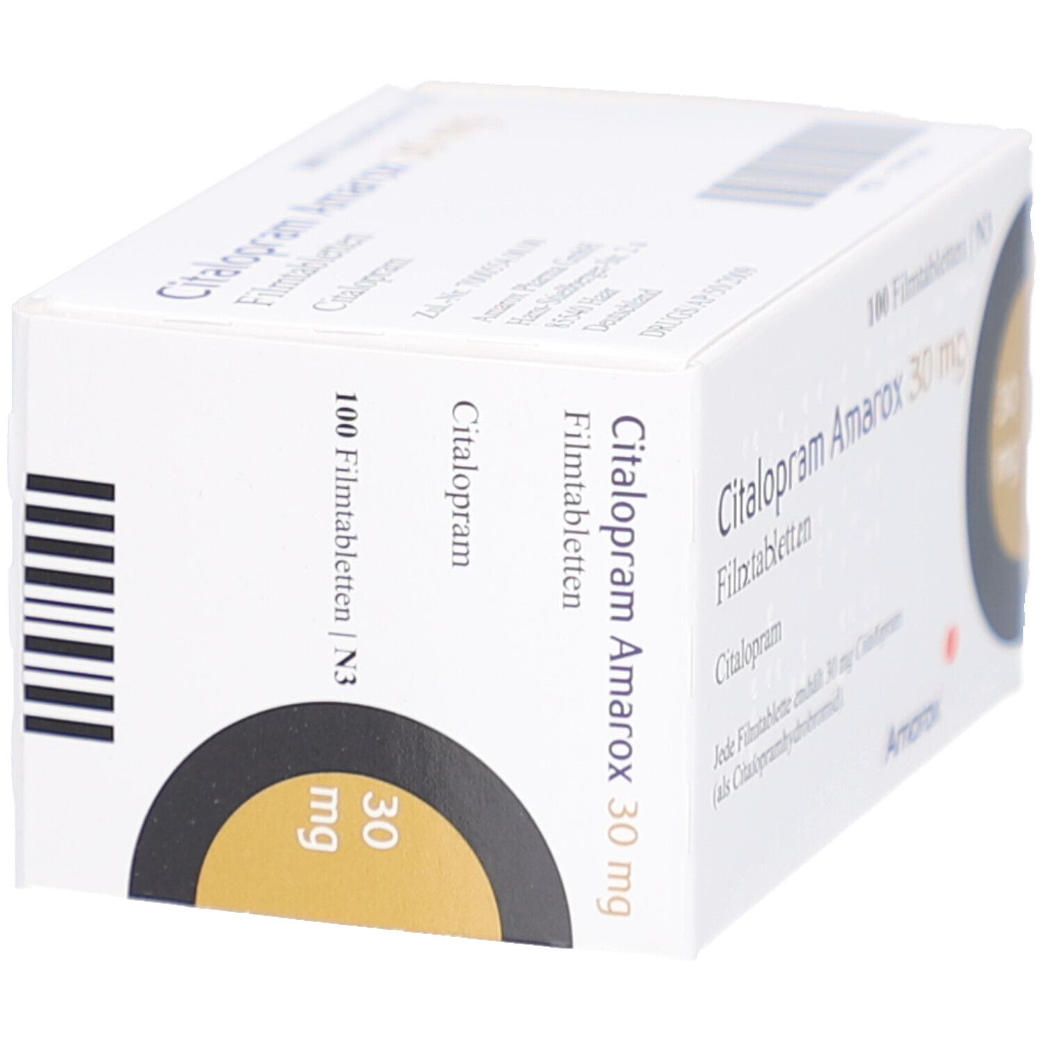 Schachtel Citalopram Amarox 30 mg Filmtabletten. Aufdruck: 100 Filmtabletten, 30 mg. Marke Amarox. Schwarzer Kreis mit gelbem Feld.