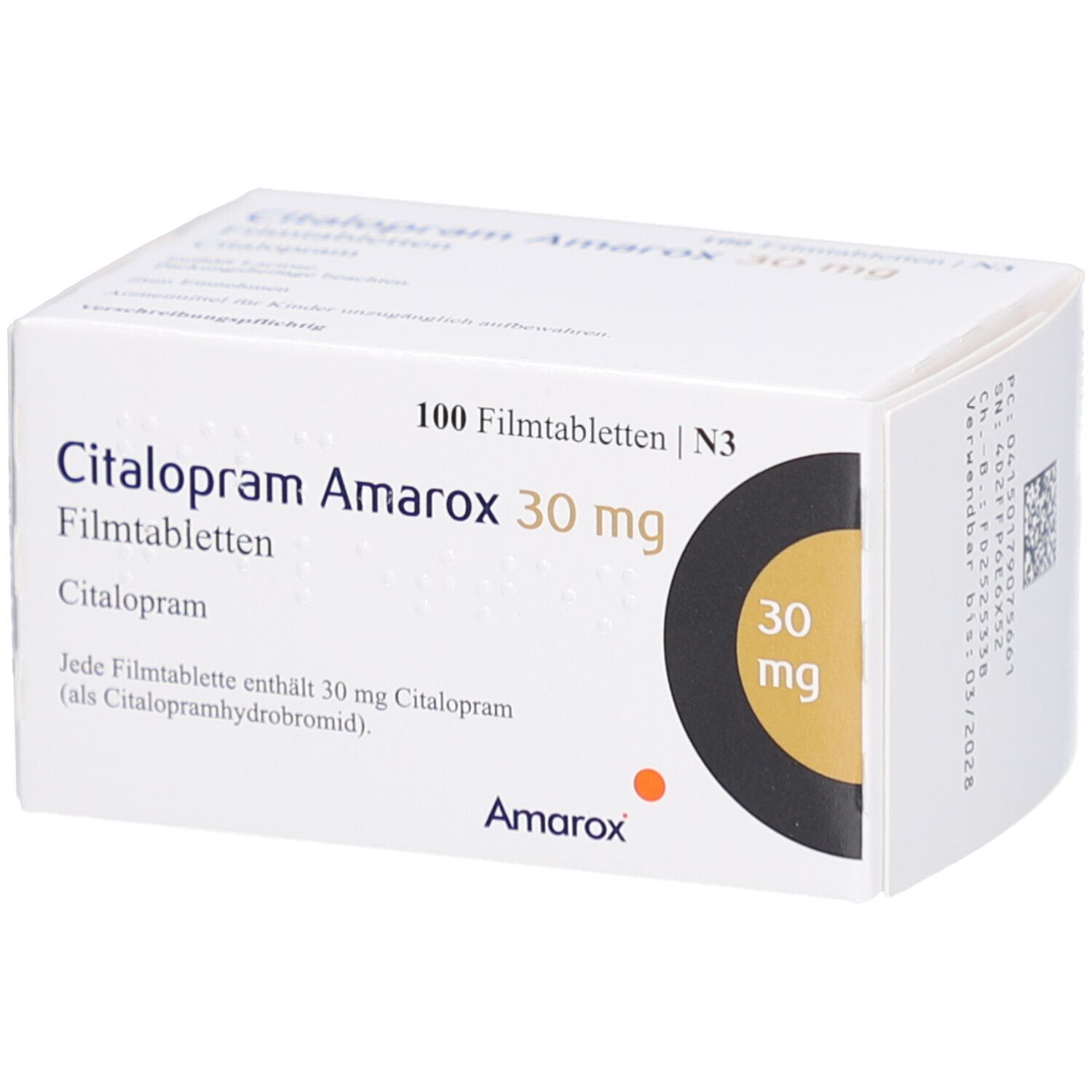 Weiße Schachtel mit Citalopram Amarox 30 mg Filmtabletten. Aufdruck: 100 Filmtabletten, 30 mg. Marke Amarox. Schwarzer Kreis.