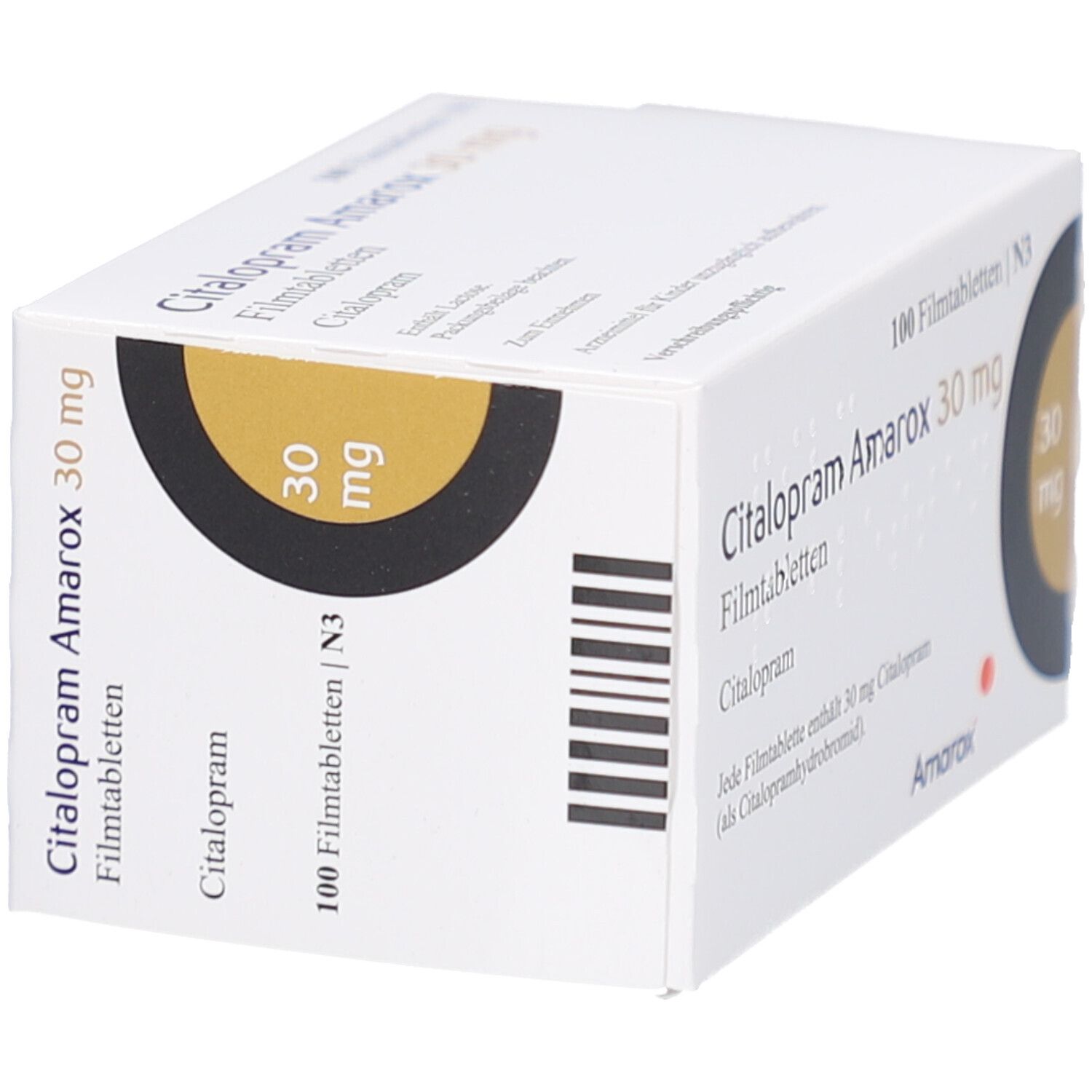 Schachtel Citalopram Amarox 30 mg Filmtabletten. Aufdruck: 100 Filmtabletten, 30 mg. Marke Amarox. Schwarzer Kreis mit gelbem Feld.
