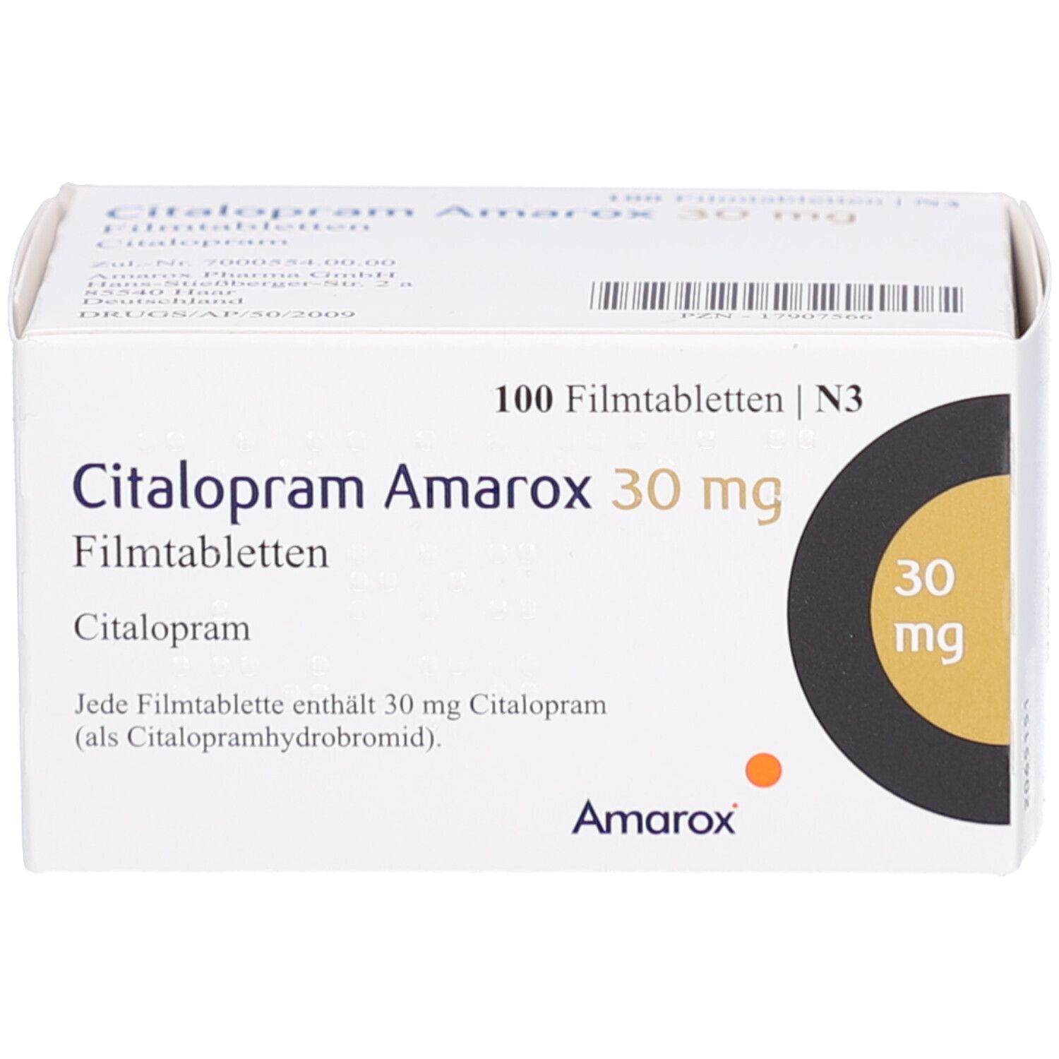 Weiße Schachtel mit Citalopram Amarox 30 mg Filmtabletten. Aufdruck: 100 Filmtabletten, 30 mg. Marke Amarox. Schwarzer Kreis.