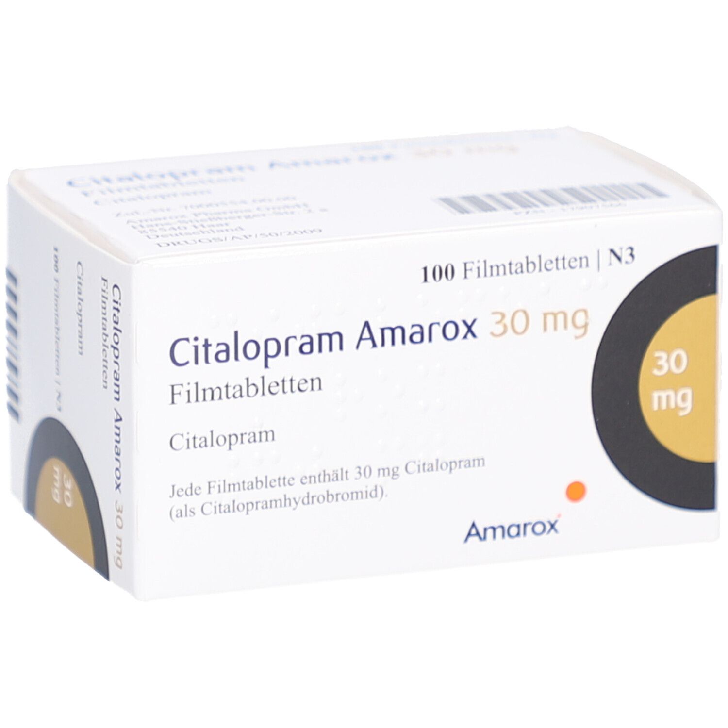 Schachtel Citalopram Amarox 30 mg Filmtabletten. Aufdruck: 100 Filmtabletten, 30 mg. Marke Amarox. Schwarzer Kreis mit gelbem Feld.