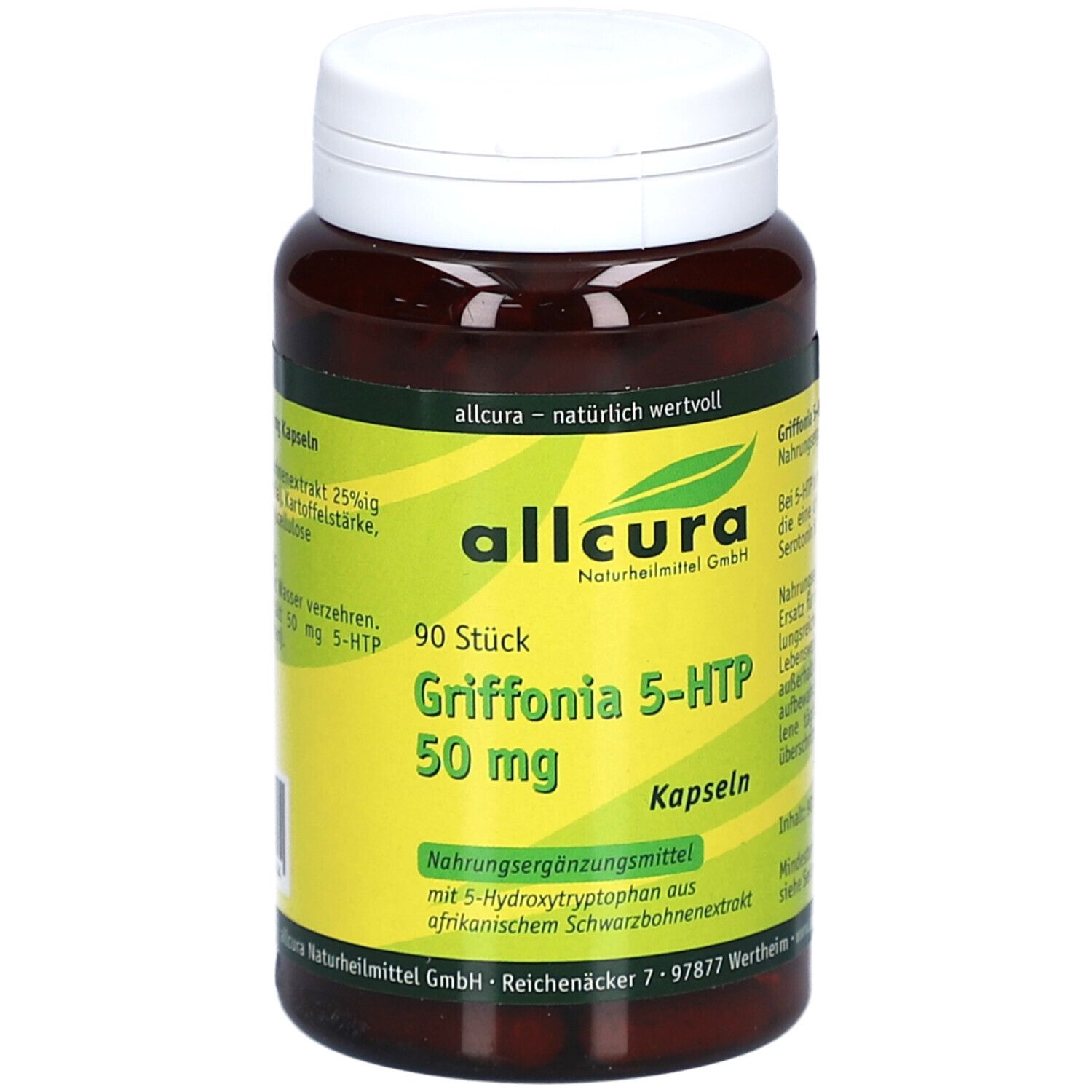 Braune Flasche mit weißem Deckel. Aufschrift: Griffonia 5-HTP 50 mg, 90 Stück. Gelbes Etikett mit Text.