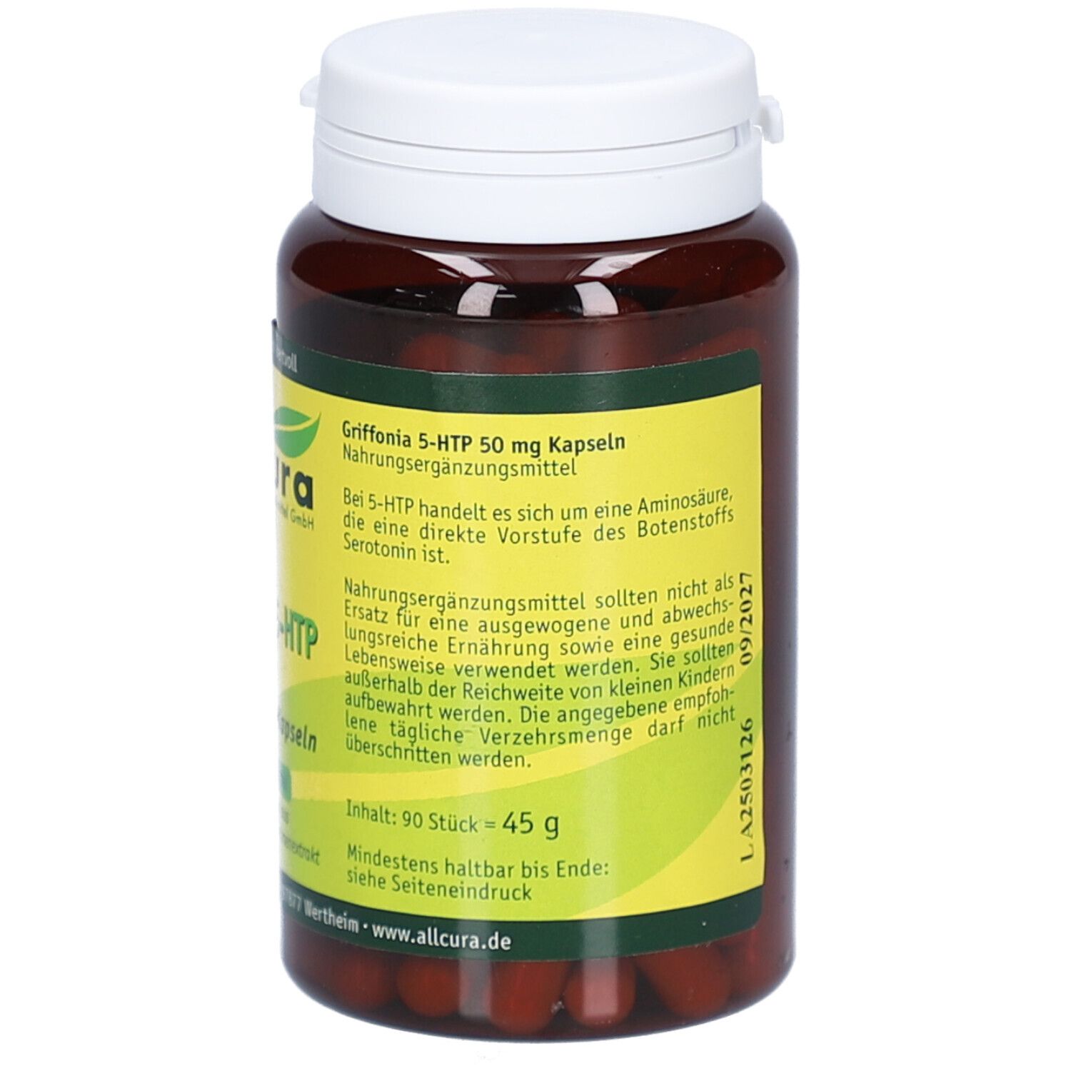Braune Flasche mit weißem Deckel. Aufschrift: Griffonia 5-HTP 50 mg, 90 Stück. Gelbes Etikett mit Text.
