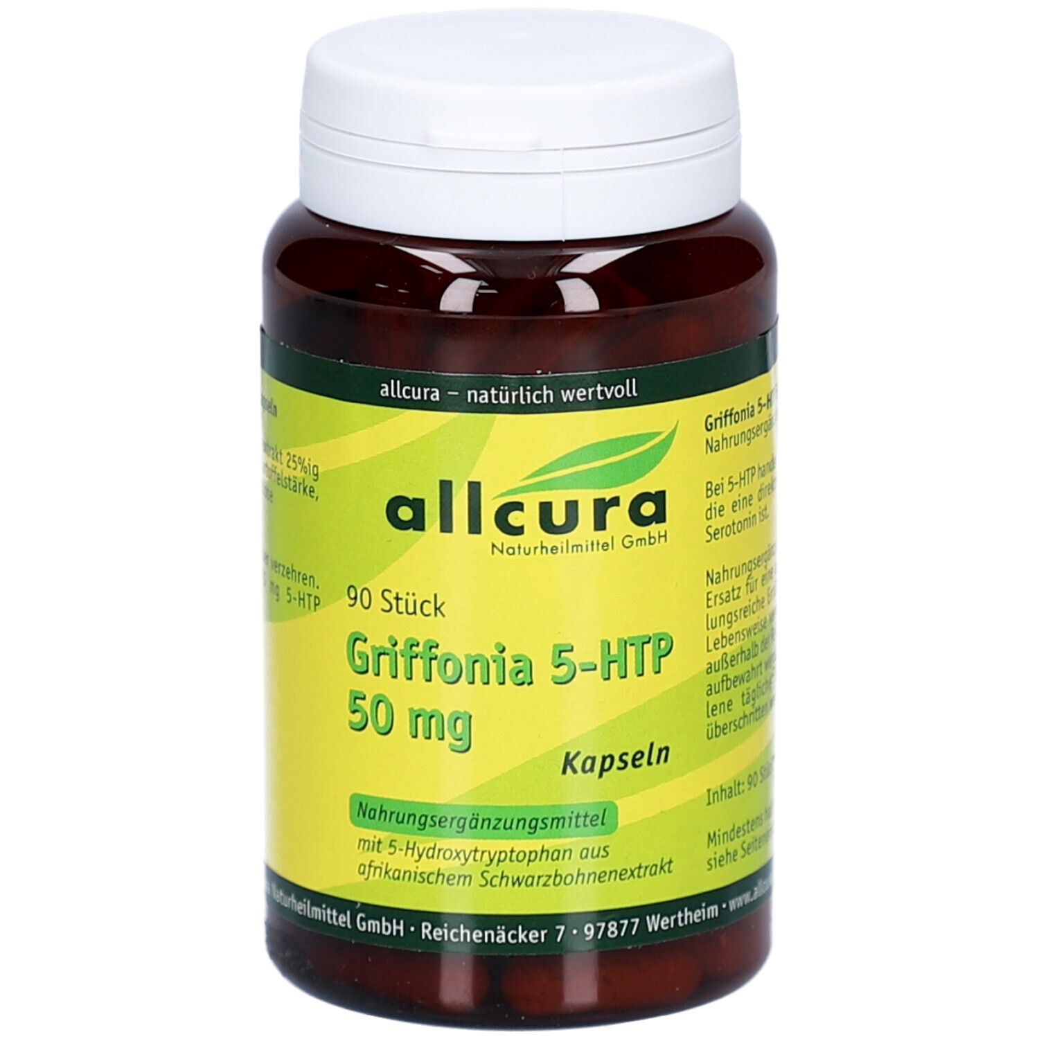 Braune Flasche mit weißen Deckel. Aufschrift: Griffonia 5-HTP 50 mg, 90 Stück. Gelbes Etikett mit Text.
