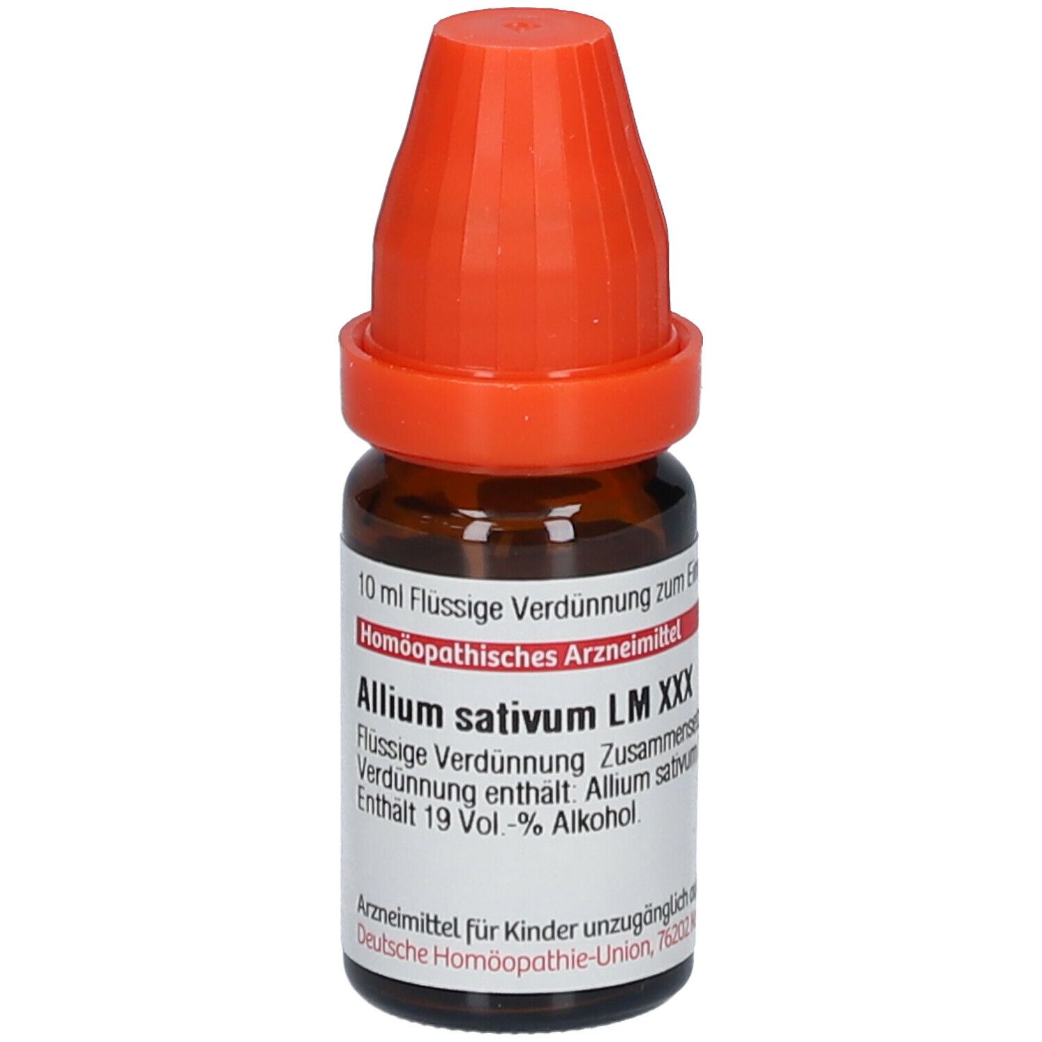 Braune Glasflasche mit orangefarbenem Verschluss. Beschriftung: DHU Allium sativum LM XXX.