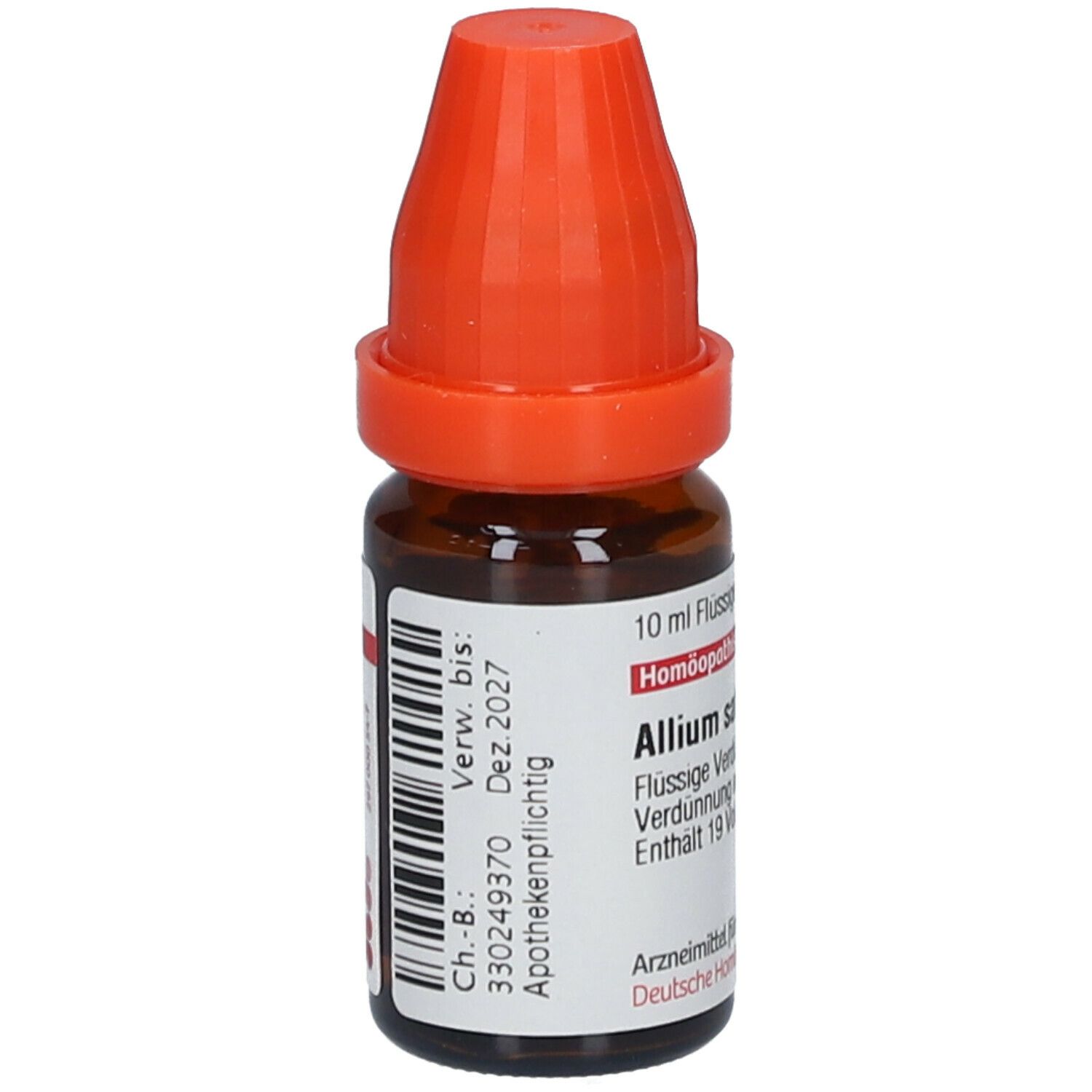 Braune Glasflasche mit orangefarbenem Verschluss. Etikett mit Barcode und Verfallsdatum.