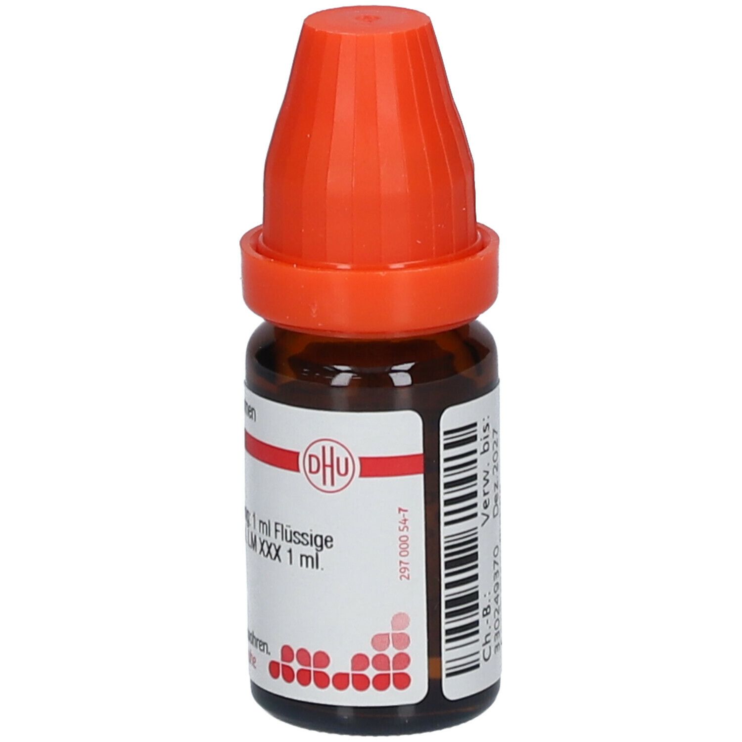 Braune Glasflasche mit orangefarbenem Verschluss. Etikett mit DHU-Logo und Produktinformationen.
