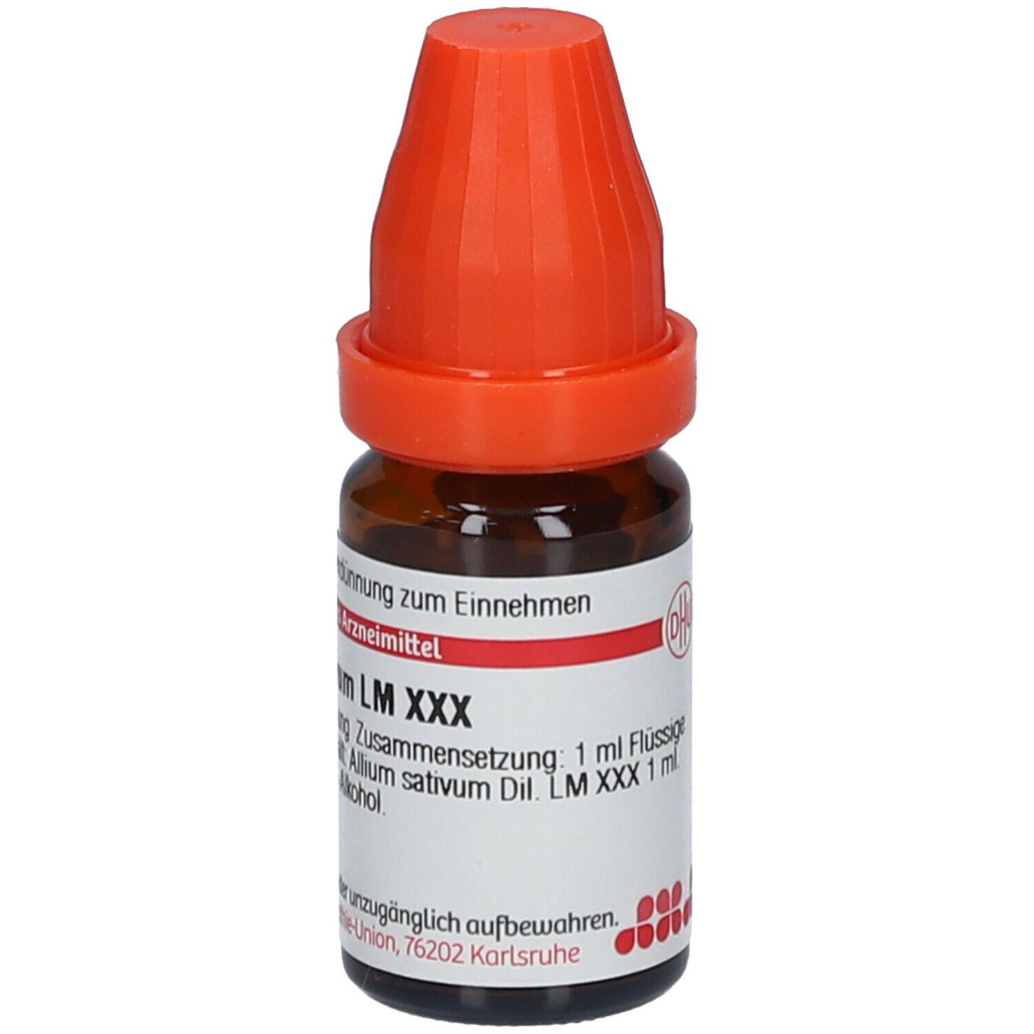 Braune Glasflasche mit orangefarbenem Verschluss. Beschriftung: DHU Allium sativum LM XXX.