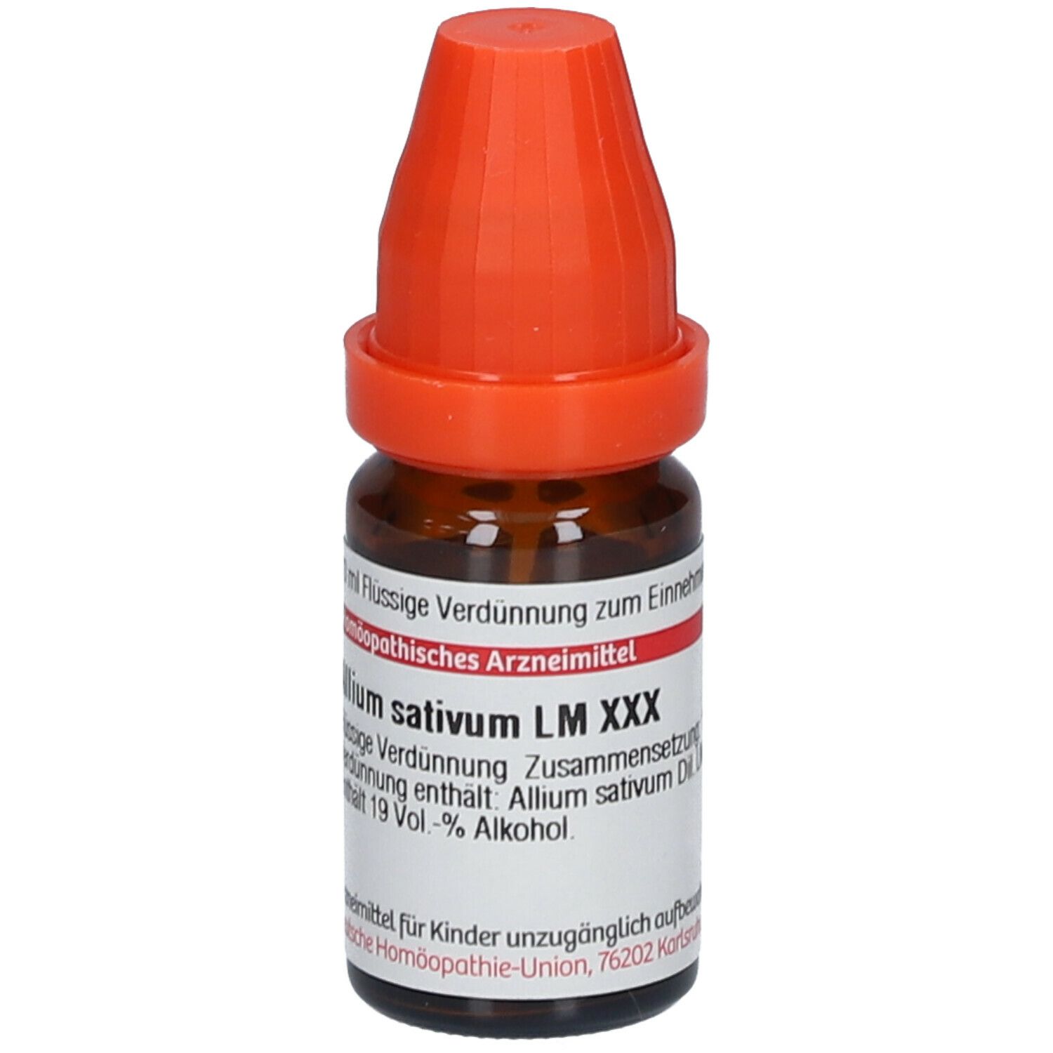 Braune Glasflasche mit orangefarbenem Verschluss. Beschriftung: DHU Allium sativum LM XXX.