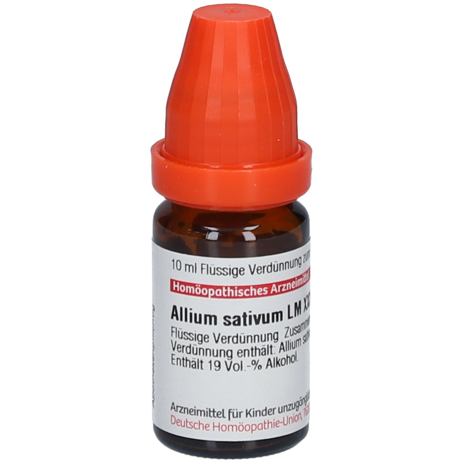 Braune Glasflasche mit orangefarbenem Verschluss. Beschriftung: DHU Allium sativum LM XXX.