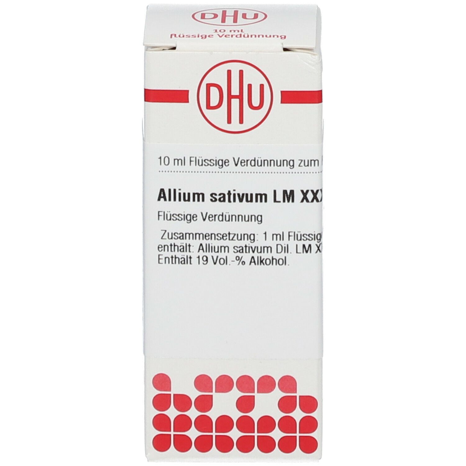 Weiße Schachtel mit DHU-Logo und Produktinformationen. Beschriftung: Allium sativum LM XXX.