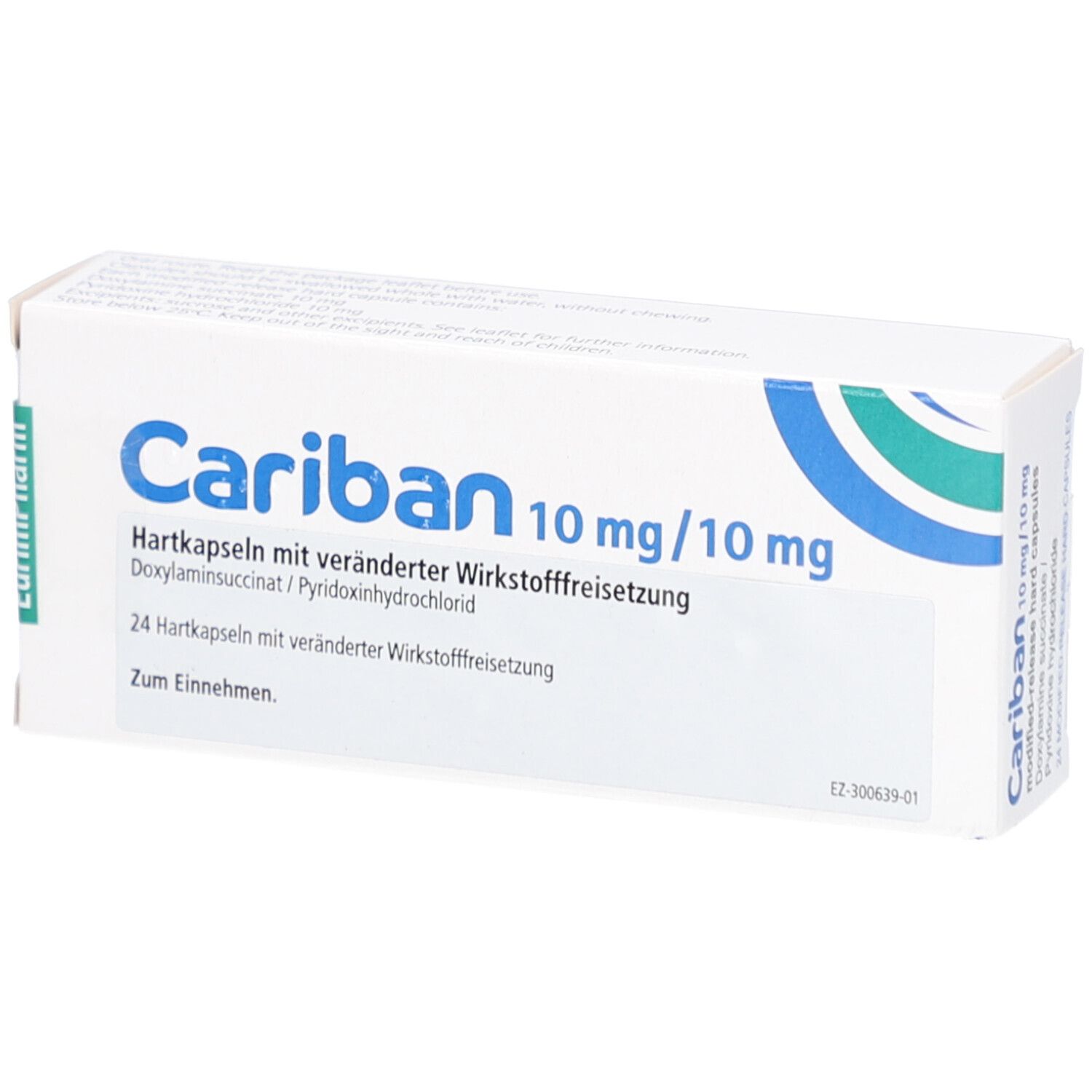 Weiße Schachtel mit blauer und grüner Grafik. Aufschrift: Cariban 10 mg/10 mg. 24 Hartkapseln. EurimPharm Logo.