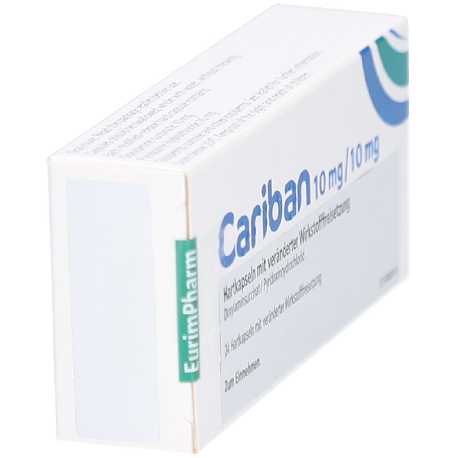 Weiße Schachtel mit blauer und grüner Grafik. Aufschrift: Cariban 10 mg/10 mg. EurimPharm Logo. Schachtel leicht schräg.