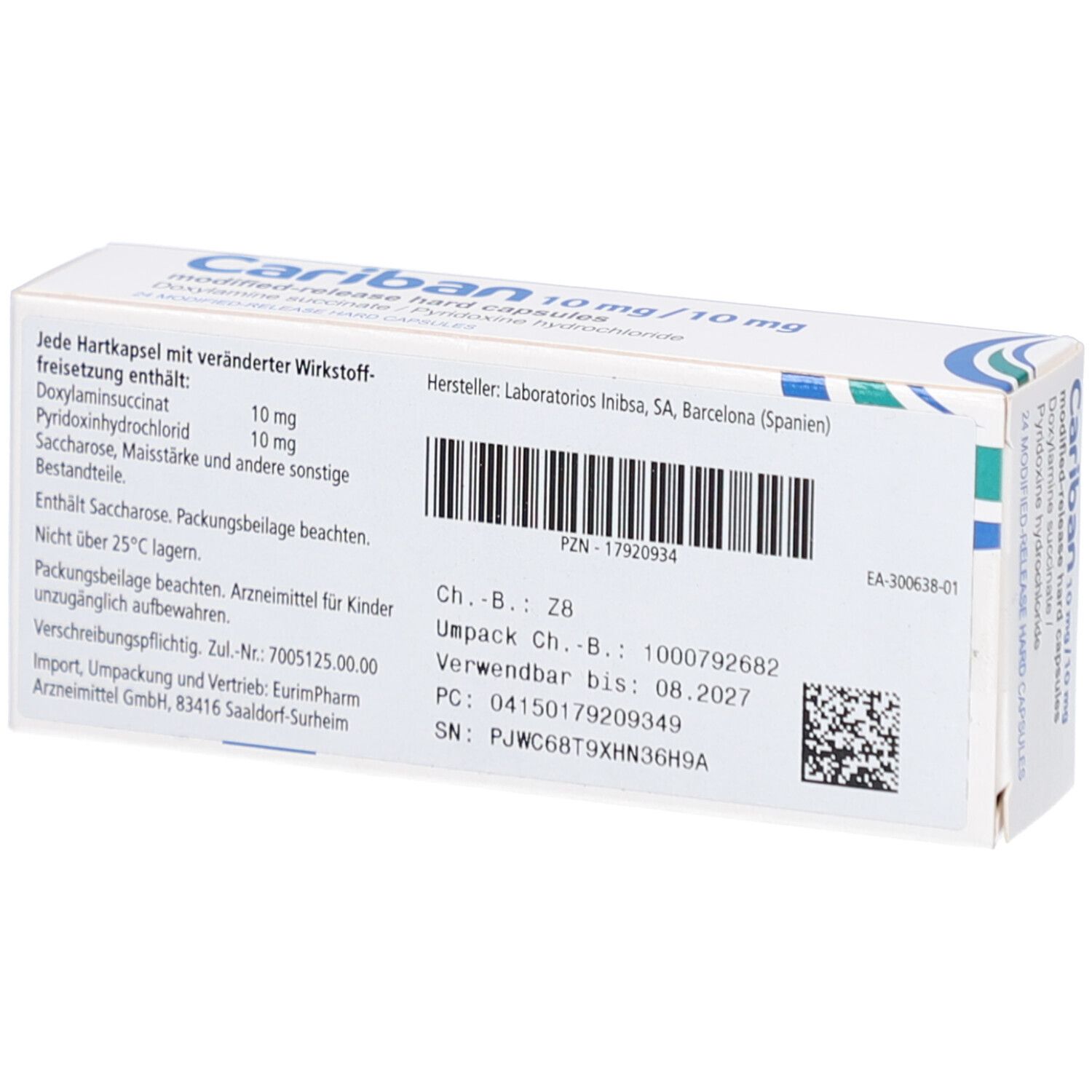 Rückseite einer weißen Schachtel. Text: Cariban 10 mg/10 mg. Hersteller, Chargennummer, Verfallsdatum, PZN, Barcode.