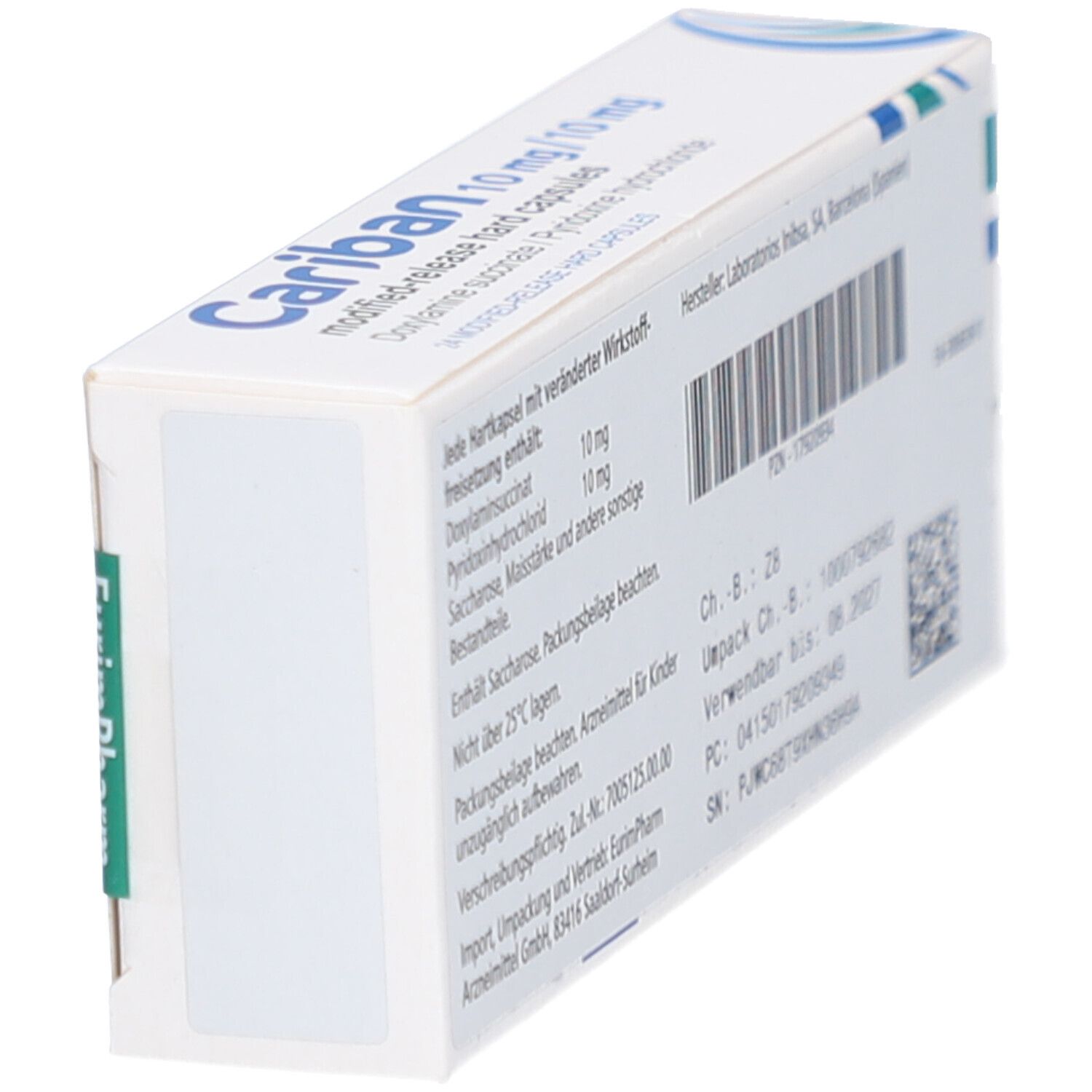 Schachtel-Rückseite. Text: Cariban 10 mg/10 mg. Chargennummer, Verfallsdatum, PZN, Barcode. EurimPharm Logo.