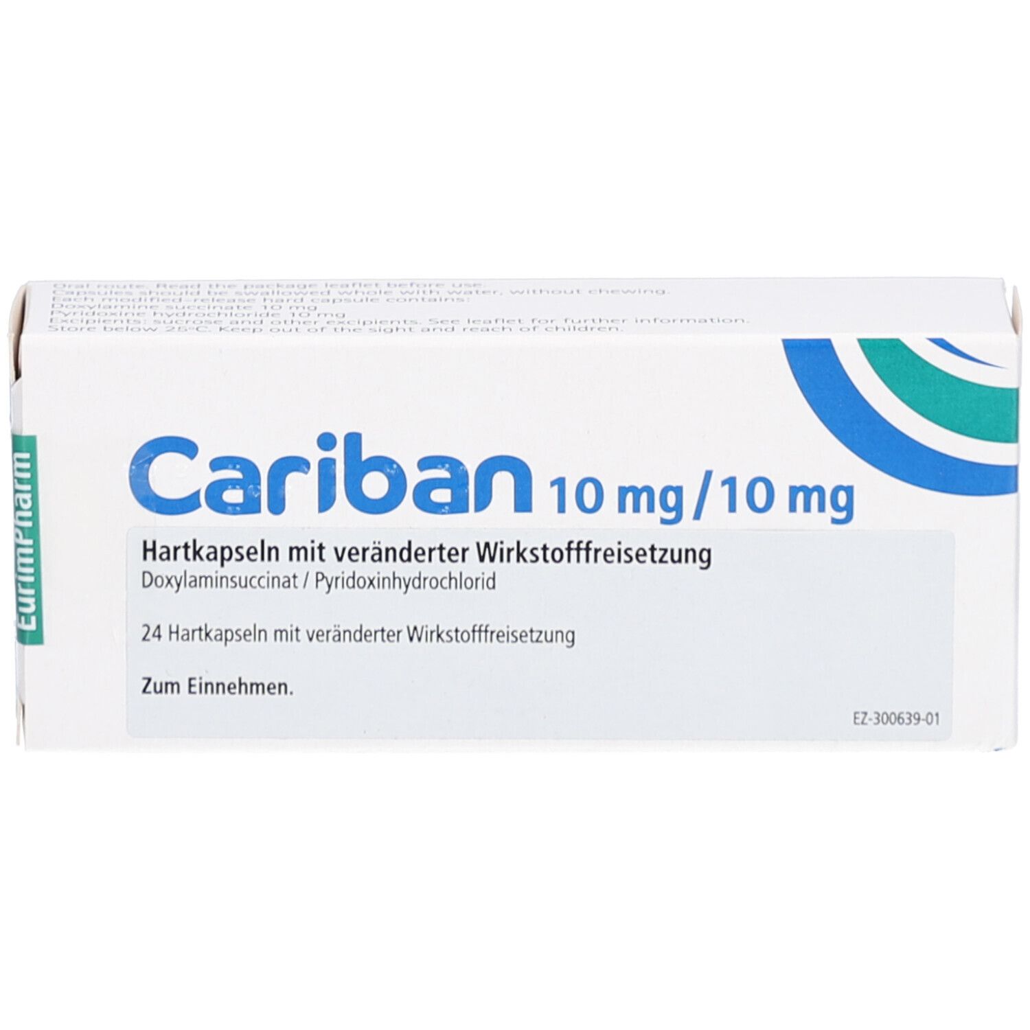 Weiße Schachtel mit blauer und grüner Grafik. Aufschrift: Cariban 10 mg/10 mg. 24 Hartkapseln. EurimPharm Logo.