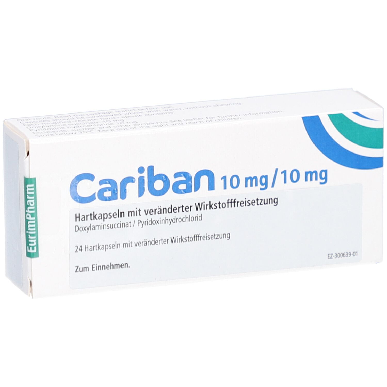 Weiße Schachtel mit blauer und grüner Grafik. Aufschrift: Cariban 10 mg/10 mg. 24 Hartkapseln. EurimPharm Logo.