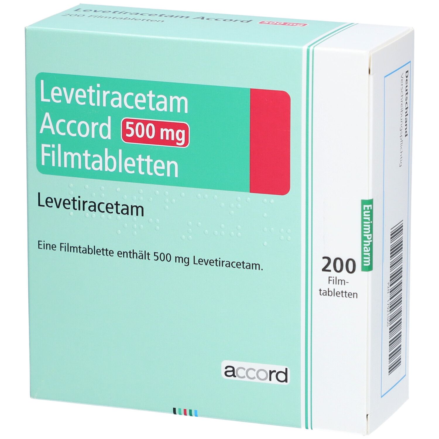 Schachtel mit LEVETIRACETAM Accord 500 mg Filmtabletten. Vorderseite mit Produktnamen, Dosierung und Packungsinhalt.