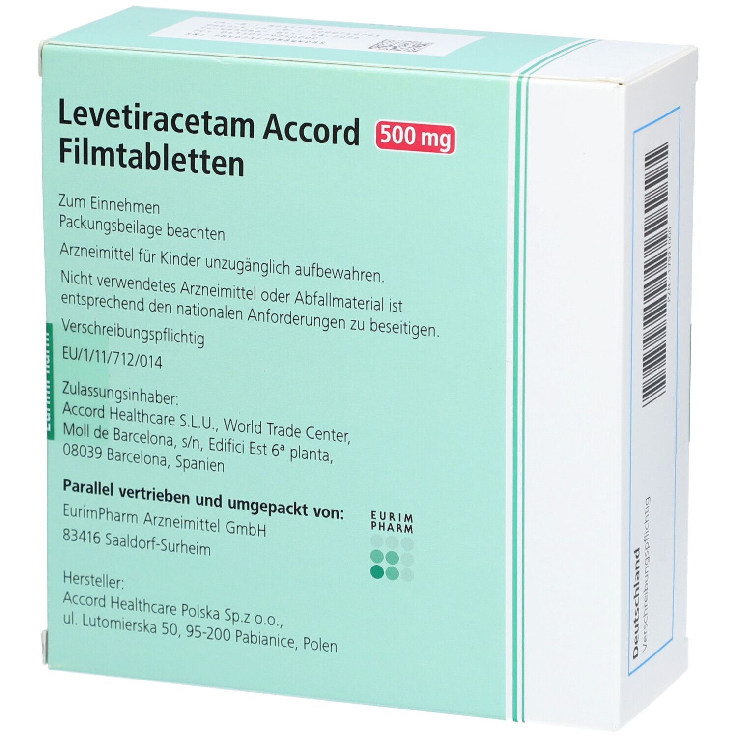 Rückseite der Schachtel LEVETIRACETAM Accord 500 mg Filmtabletten. Textinformationen, Herstellerangaben und Zulassungsnummer.