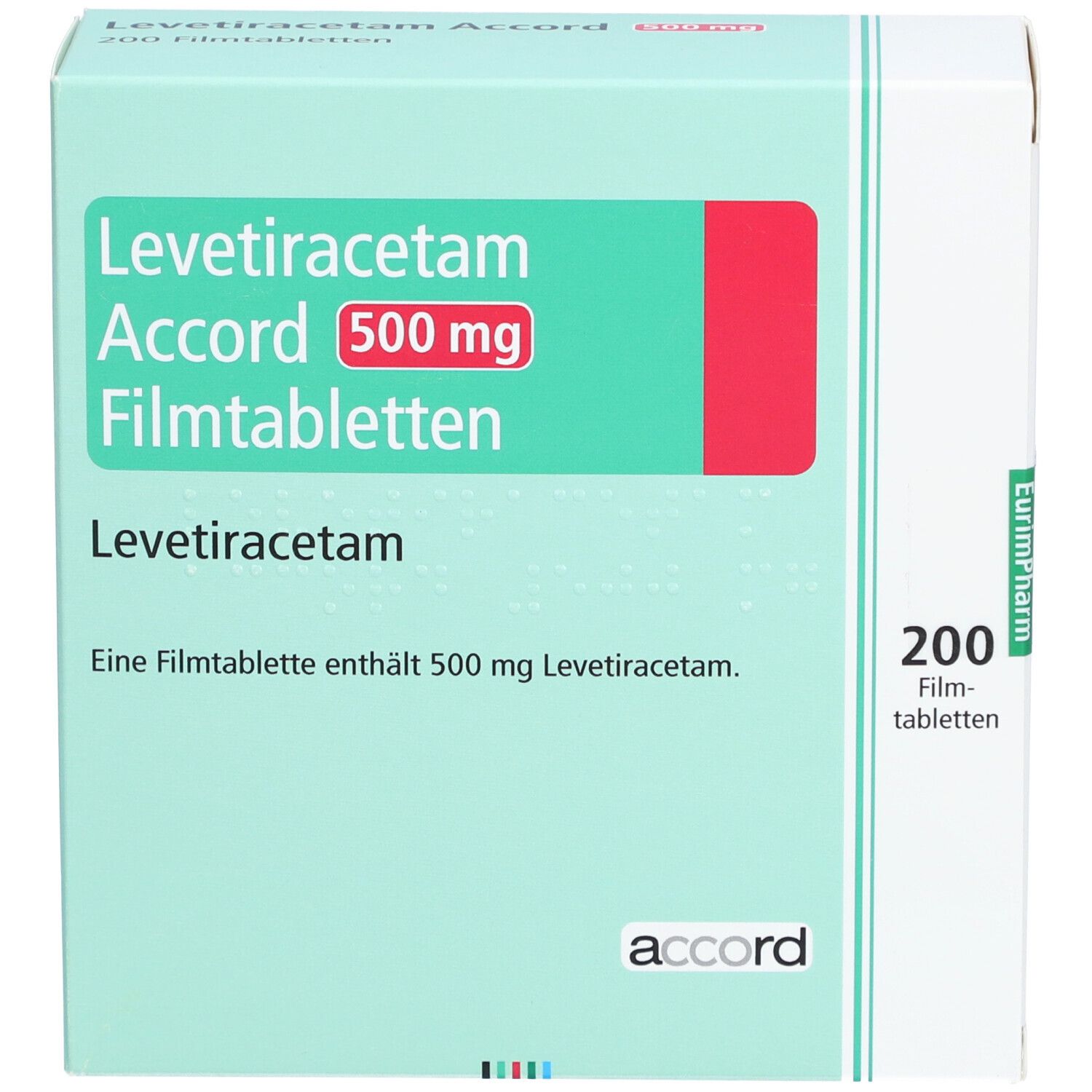 Schachtel LEVETIRACETAM Accord 500 mg Filmtabletten. Vorderseite mit Produktnamen, Dosierung und Packungsinhalt.