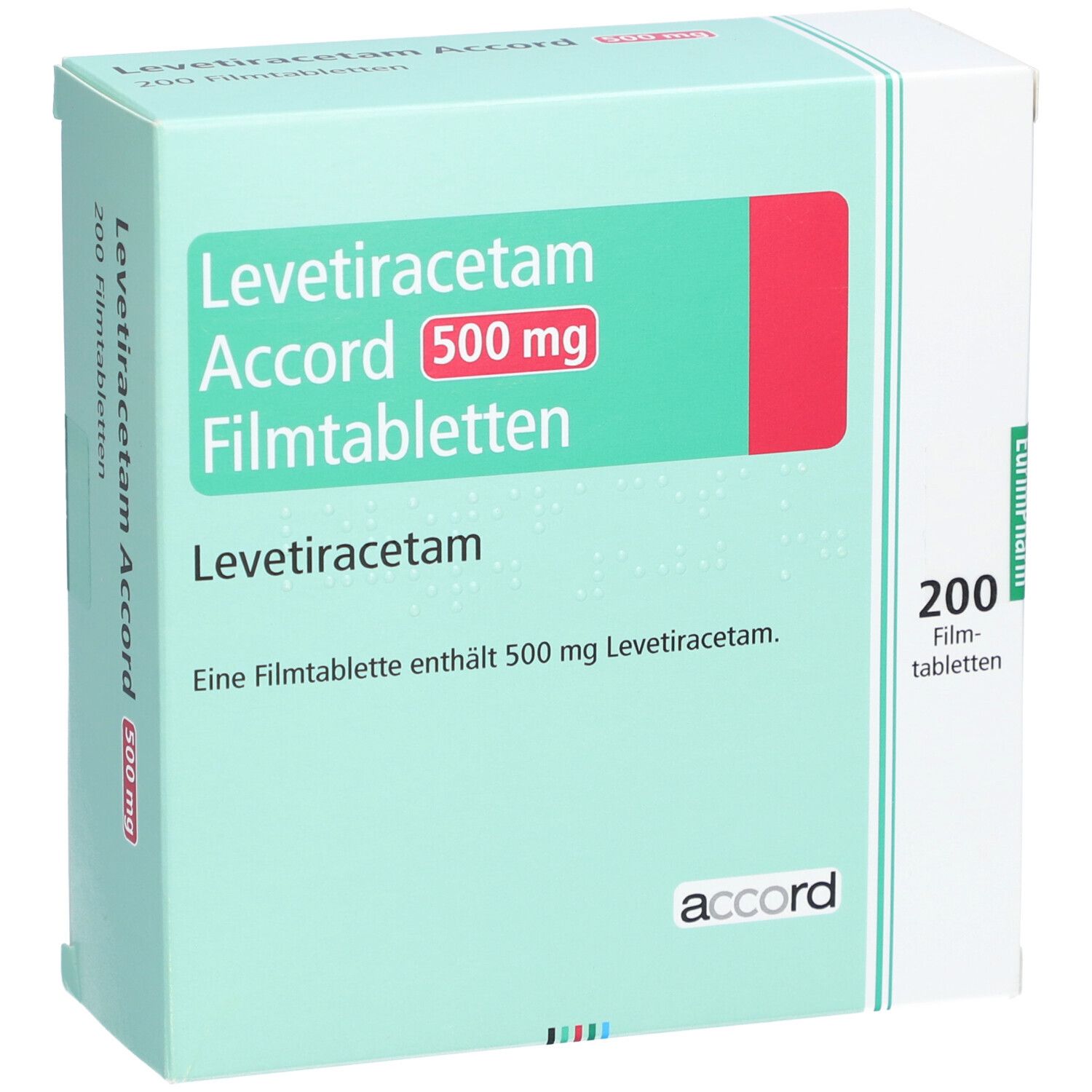 Schachtel LEVETIRACETAM Accord 500 mg Filmtabletten. Vorderseite mit Produktnamen, Dosierung und Packungsinhalt.