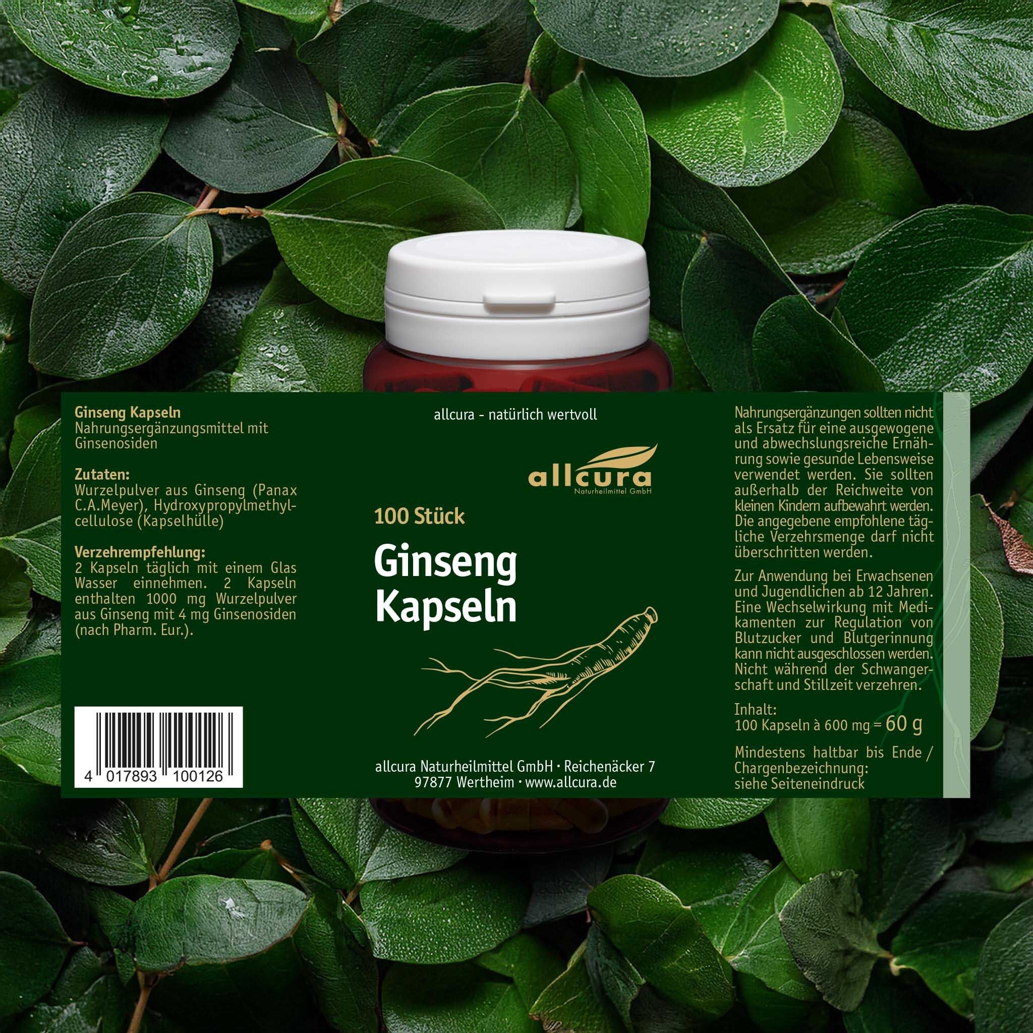 Braune Flasche mit weißem Deckel und grünem Etikett. Aufschrift: 100 Stück Ginseng Kapseln. Logo: allcura. Hintergrund: grüne Blätter.